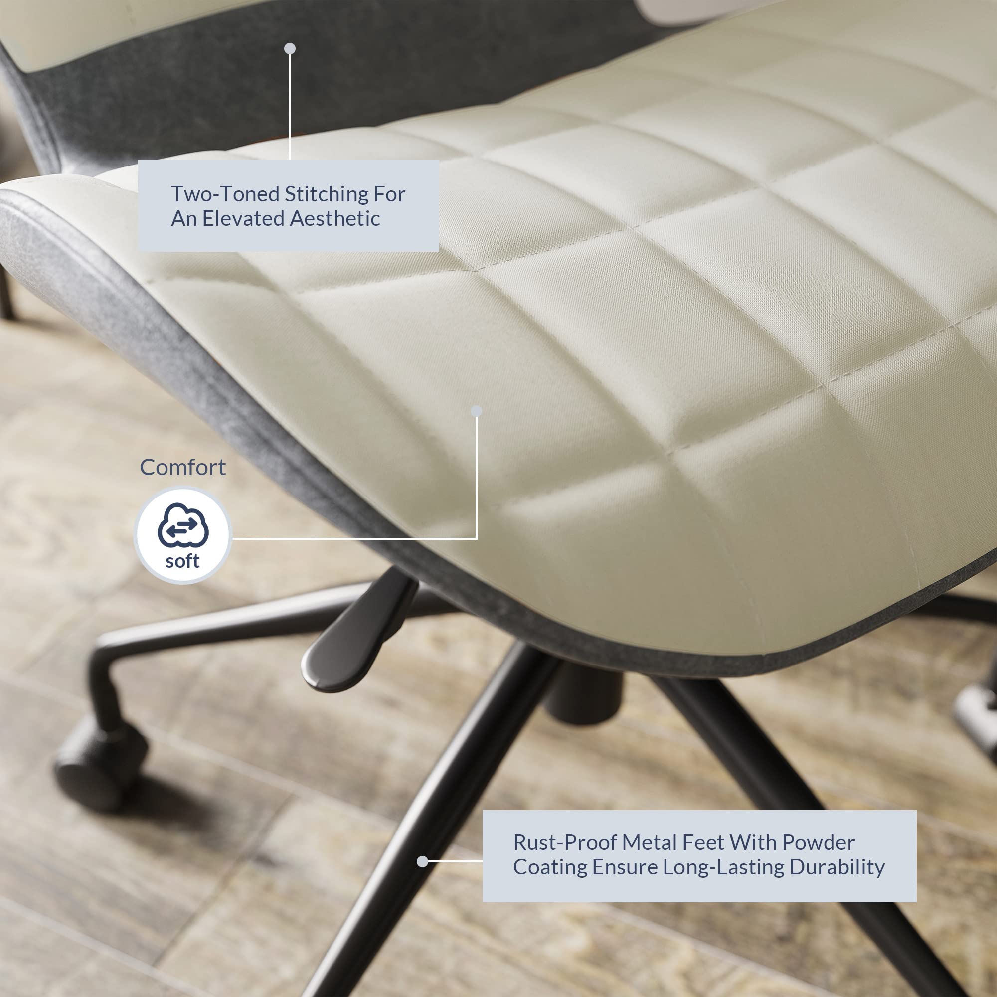 BELLEZE Modern Upholstered Linen Desk Chair with Swivel Wheels & Adjustable Height - Ergonomic Rolling Office Task Chair for Home Office, Gaming, Study & Vanity Seating - Melina (Gray & Beige)