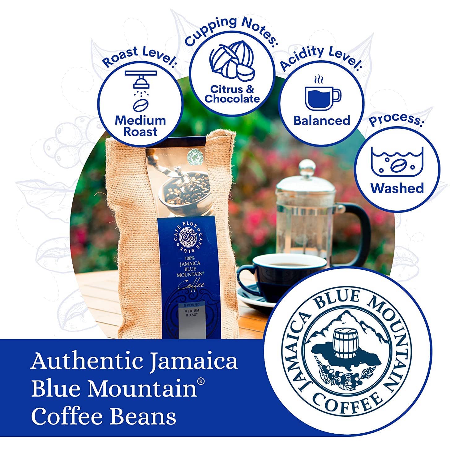Premium Jamaica Blue Mountain & Colombian Coffee Blend - 8oz Whole Bean Coffee for Brewing, Gifting & Home Baristas - Cafe Blue Gourmet Coffee Pack