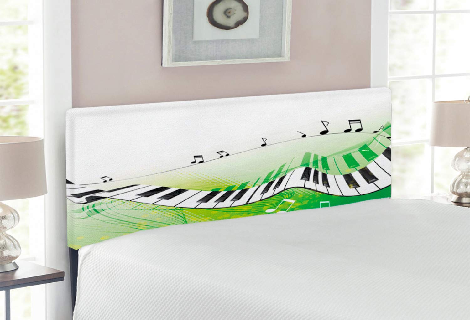 Ambesonne Music Headboard - Full Size Upholstered Piano Keys Design Metal Bed Frame with Memory Foam - Lime Green Black White - Perfect for Music Lovers Bedroom Decor & Summer Themed Guest Rooms
