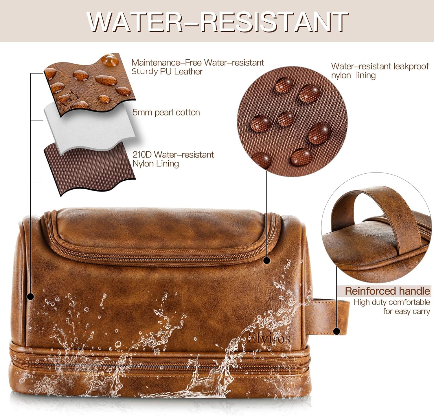 Elviros Leather Travel Toiletry Bag for Men & Women - Large Water-Resistant Hanging Organizer with Hook - Perfect for Bathroom, Shaving, Gym & Business Trips (Brown)