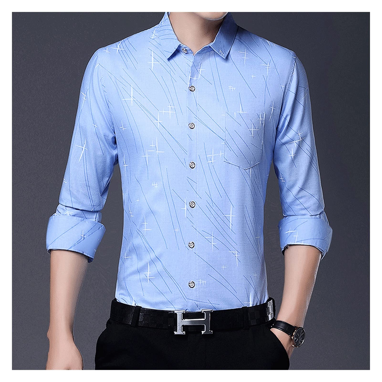 ZMMDD Men's Slim Fit Casual Dress Shirt with Pocket - Summer Social Shirt in Blue (Size XL) - Perfect for Office, Parties & Formal Events