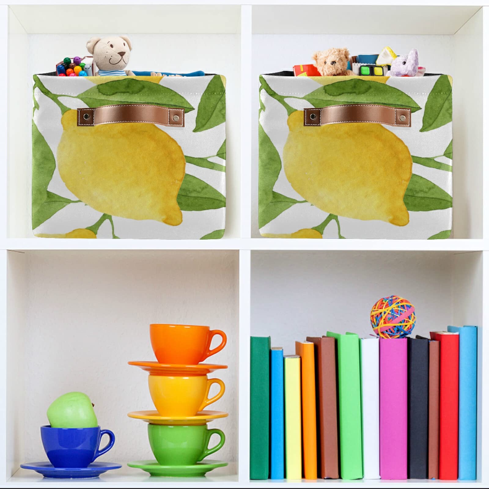 Susiyo 2-Pack Yellow Lemon Green Leaves Canvas Storage Bins - 14 x 10 Inch Fabric Baskets for Shelves, Closet & Home Organization | Perfect for Bedroom, Bathroom & Nursery Storage