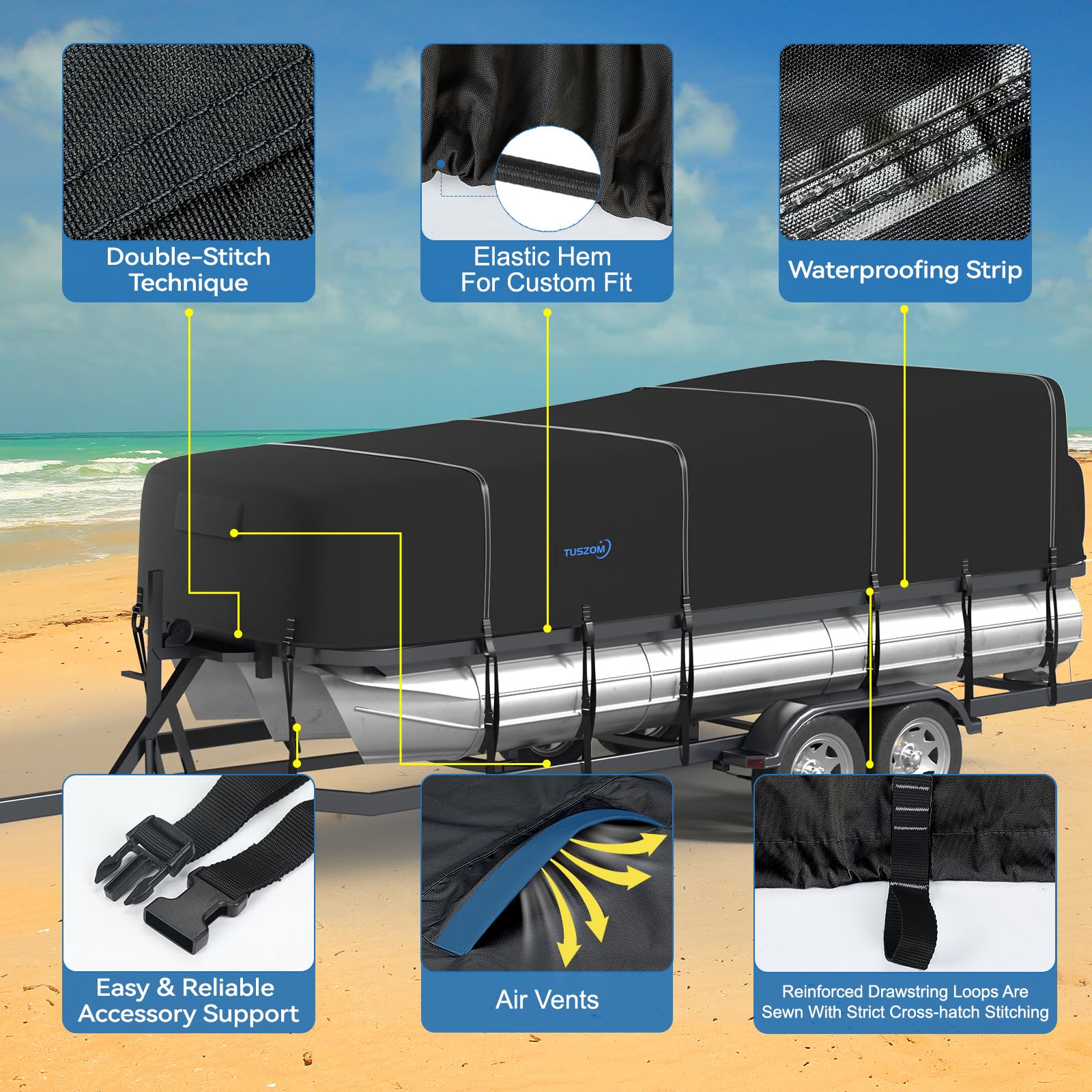 Tuszom True 900D Heavy-Duty Waterproof Pontoon Boat Cover - 17-20ft Trailerable & Mooring Cover with Motor Protection, 12+4 Windproof Straps, Solution-Dyed Tear-Resistant Fabric - Perfect for Outdoor Storage, Marina Use & Boat Protection During Transport