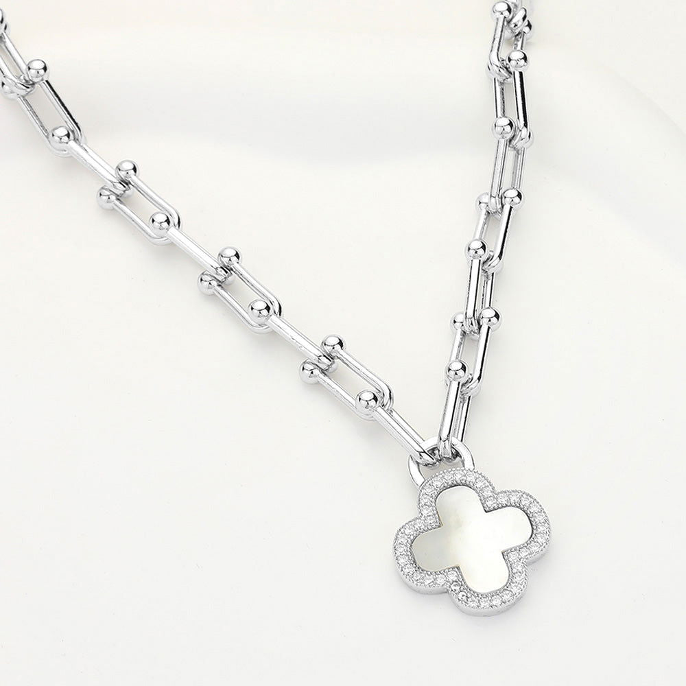 CZ Stone Silver Quatrefoil Pendant Necklace with Dipped Hardware Chain - Elegant Jewelry for Women, Perfect for Parties, Weddings & Everyday Wear