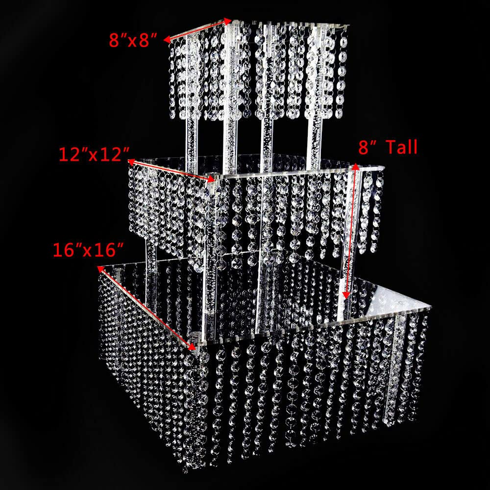 3 Tier Square Crystal Cake Stand Set - Elegant Wedding Dessert Display for Cupcakes, Cakes & Pastries - Silver Finish for Bridal Showers, Birthday Parties & Tea Events
