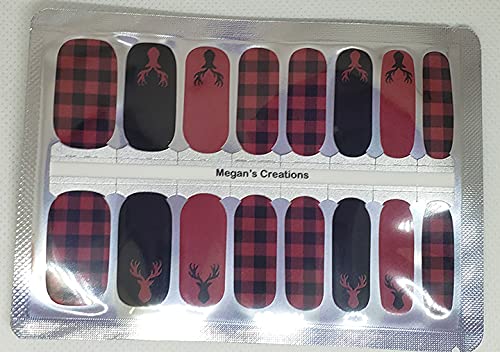 Red & Black Plaid Deer Design #6 Nail Polish Wraps - Long Lasting Nail Art Stickers for Christmas & Winter Parties, DIY Manicure at Home
