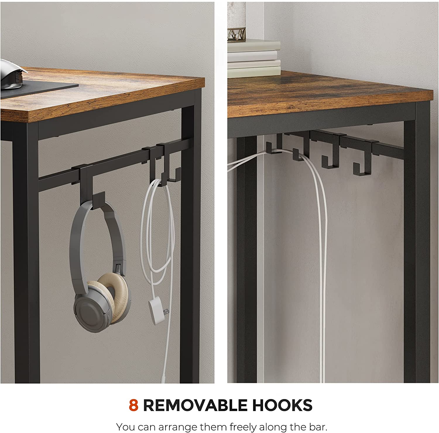 VASAGLE 55 Inch Industrial Computer Desk with Metal Frame and 8 Hooks - Rustic Brown Writing Desk for Home Office, Study & Work from Home - Perfect for Small Spaces, Gaming & Remote Work Setup