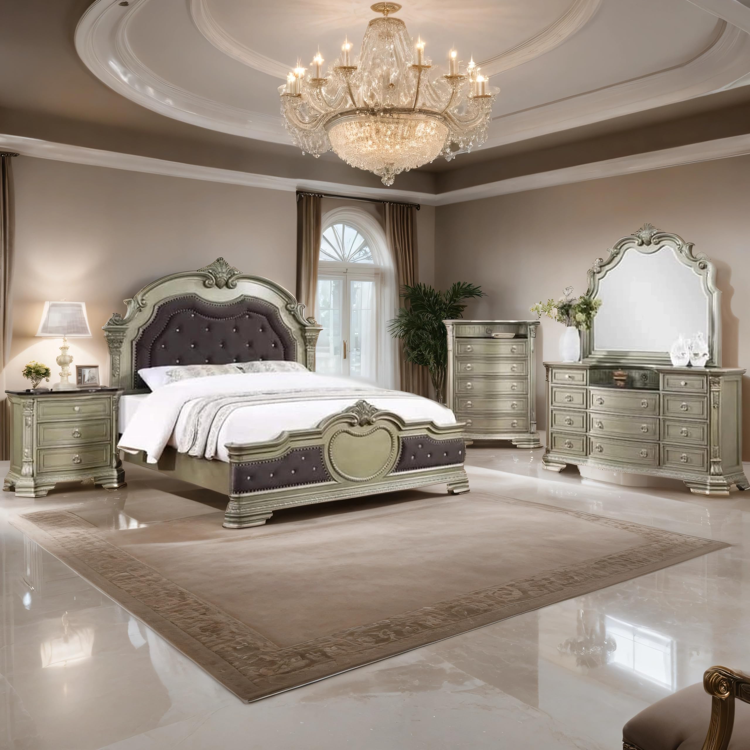 GTU Furniture 5-Piece Upholstered Solid Wood Queen Bedroom Set - Queen Bed, Dresser, Mirror, Chest & Nightstand in Jungle Green/Silver - Perfect for Modern Bedroom Decor & Guest Room Setup