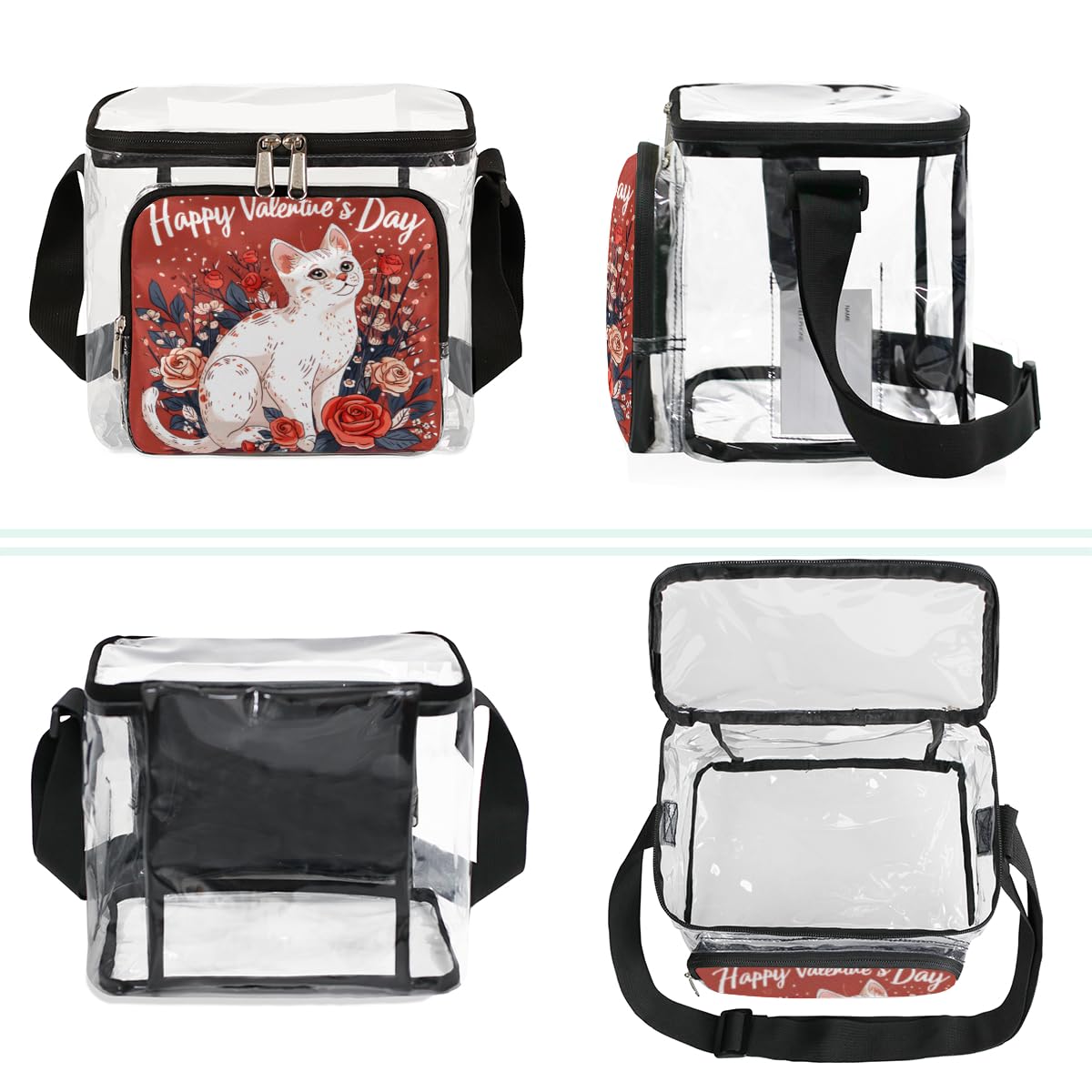 GzLeyigou Clear Transparent Tote Bag with Handles - Cute Cat Design Crossbody Shoulder Bag for Lunch, Outdoor, Travel, Picnic, Concerts & Sports Events | Stadium Approved Multipurpose Purse | Perfect for Valentine's Day Gifts, School, Beach & Shopping