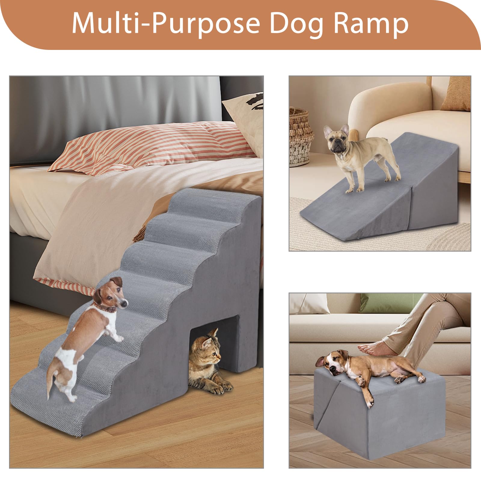 **33 Inch Non-Slip Foam Dog Stairs for Small & Senior Pets - 6-Step Pet Ramp for High Beds, Sofas & Couches - Lightweight & Portable for Indoor Use**