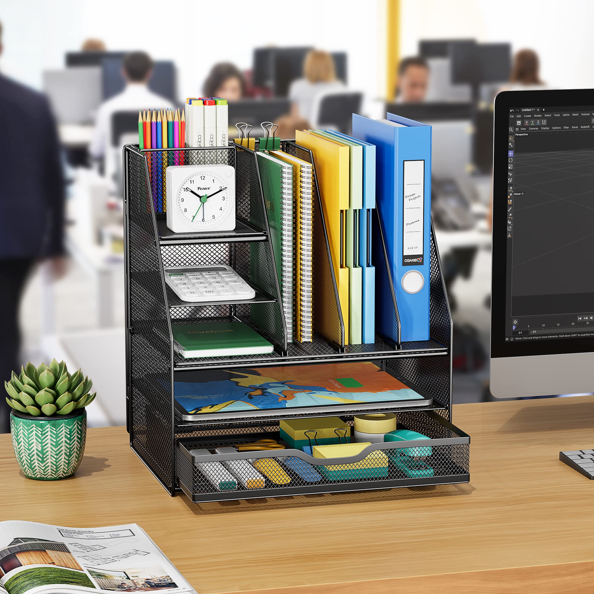 VIVSOL Large Vertical File Holder Desk Organizer with Sliding Drawers & Movable Pen Holder - Office Supplies Storage Shelf for Files, Papers, Pens | Perfect for Home Office, School & Workspace Organization