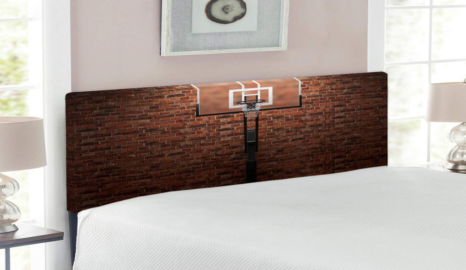 Ambesonne Queen Size Brown Upholstered Basketball Headboard - Vintage Brick Wall & Hoop Design for Indoor Training & Bedroom Decor - Memory Foam Decorative Metal Bed Headboard for Sports Fans & Athletes | Perfect for Game Rooms, Dorm Decor & Basketball Themed Bedrooms