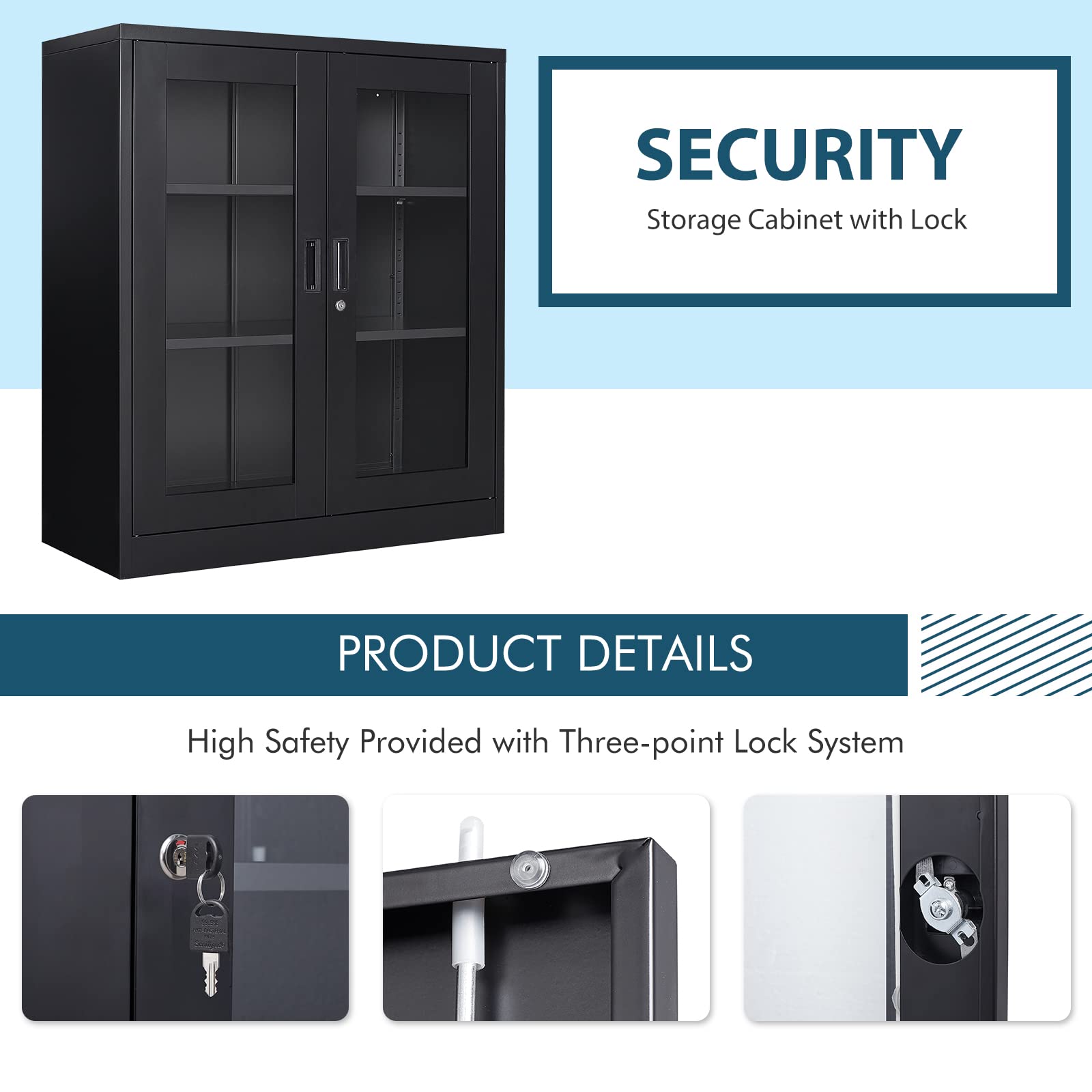 MIIIKO Metal Storage Cabinet with Glass Doors - Counter Height Display Cabinet with 2 Adjustable Shelves, Tempered Glass & Locking Mechanism - Perfect for Kitchen, Office, or Retail Store Display