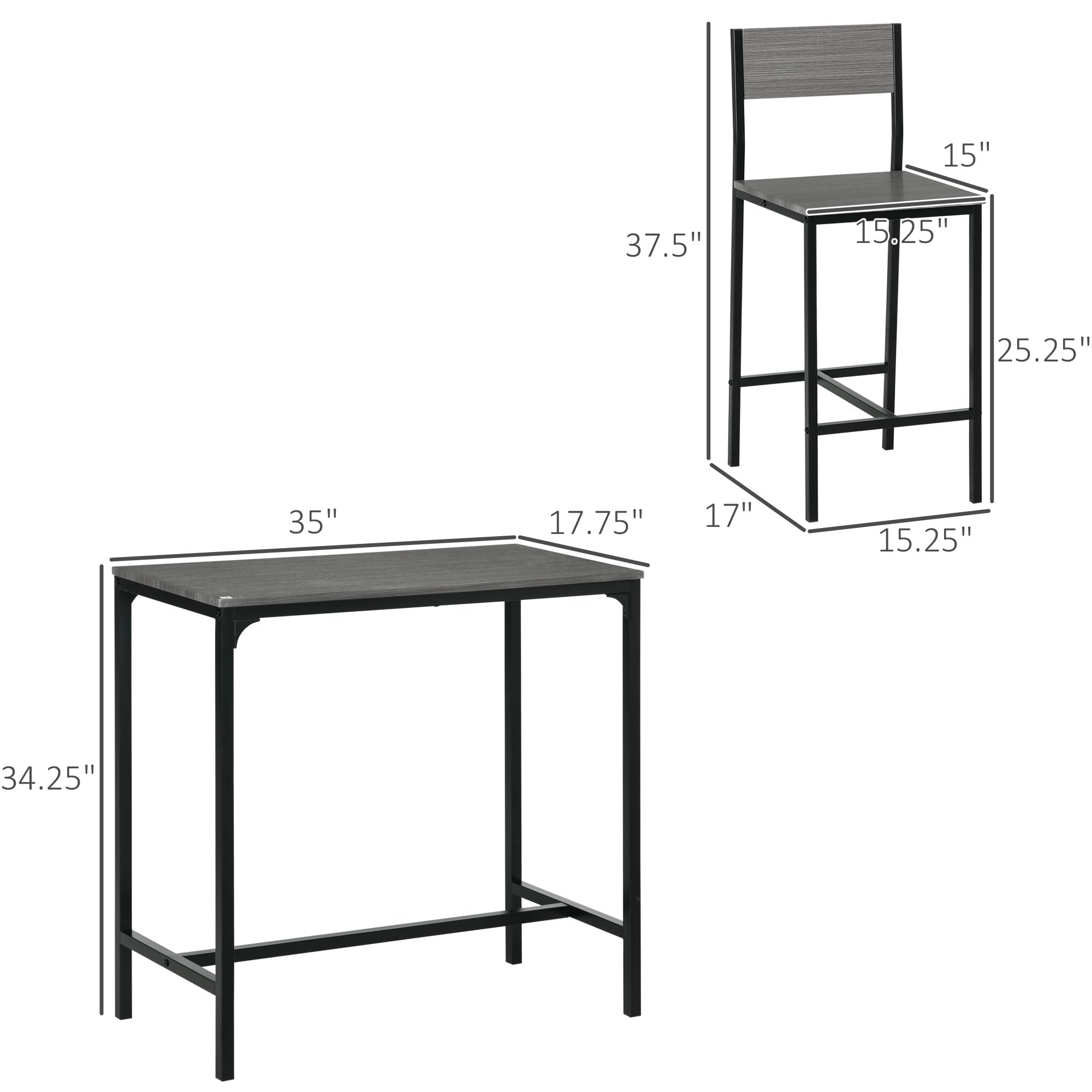 HOMCOM 3-Piece Industrial Bar Table and Chairs Set - Counter Height Kitchen Dining Table with 2 Bar Stools, Small Space Breakfast Nook Set in Gray - Perfect for Apartments, Kitchens & Compact Dining Areas