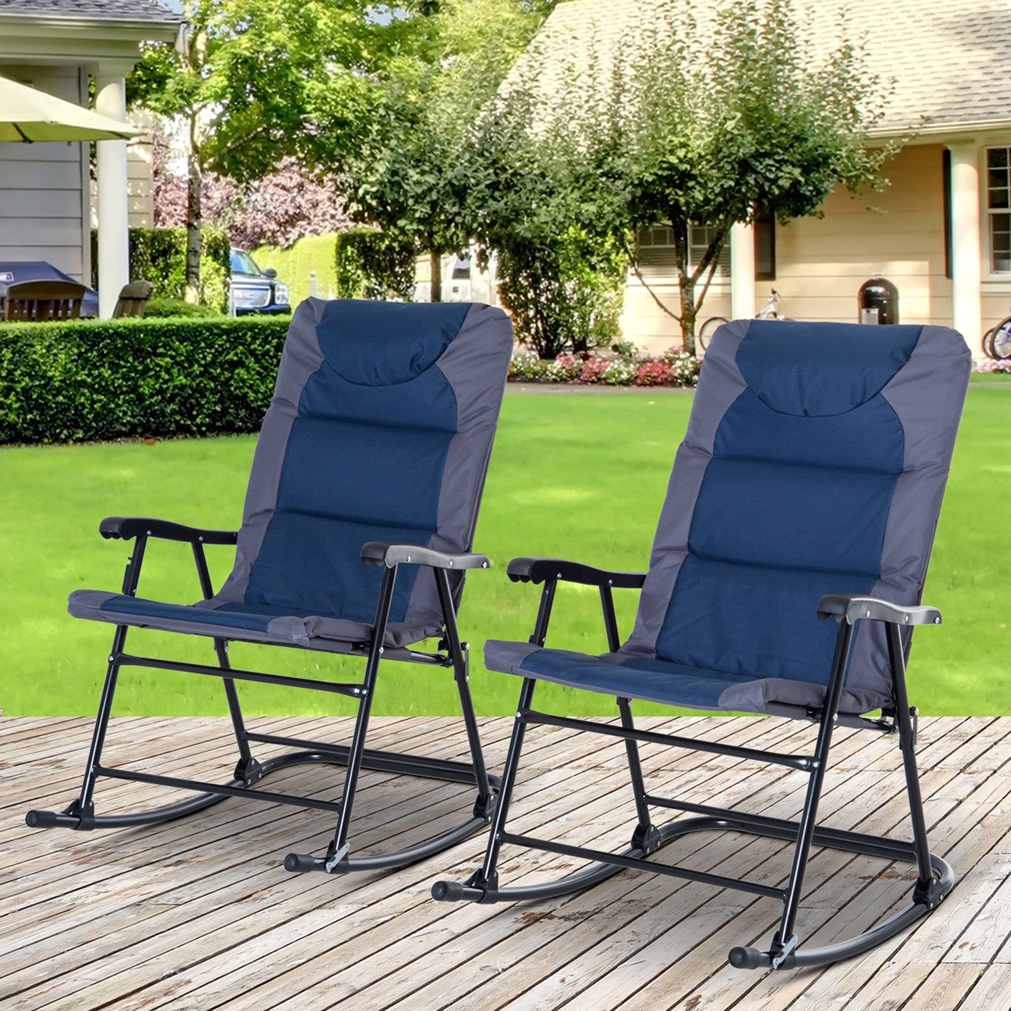 Outsunny 2-Piece Outdoor Patio Furniture Set with 2 Folding Padded Rocking Chairs - Bistro Style for Porch, Camping, Balcony, Backyard - Navy Blue - Perfect for Relaxing, Entertaining & Outdoor Dining