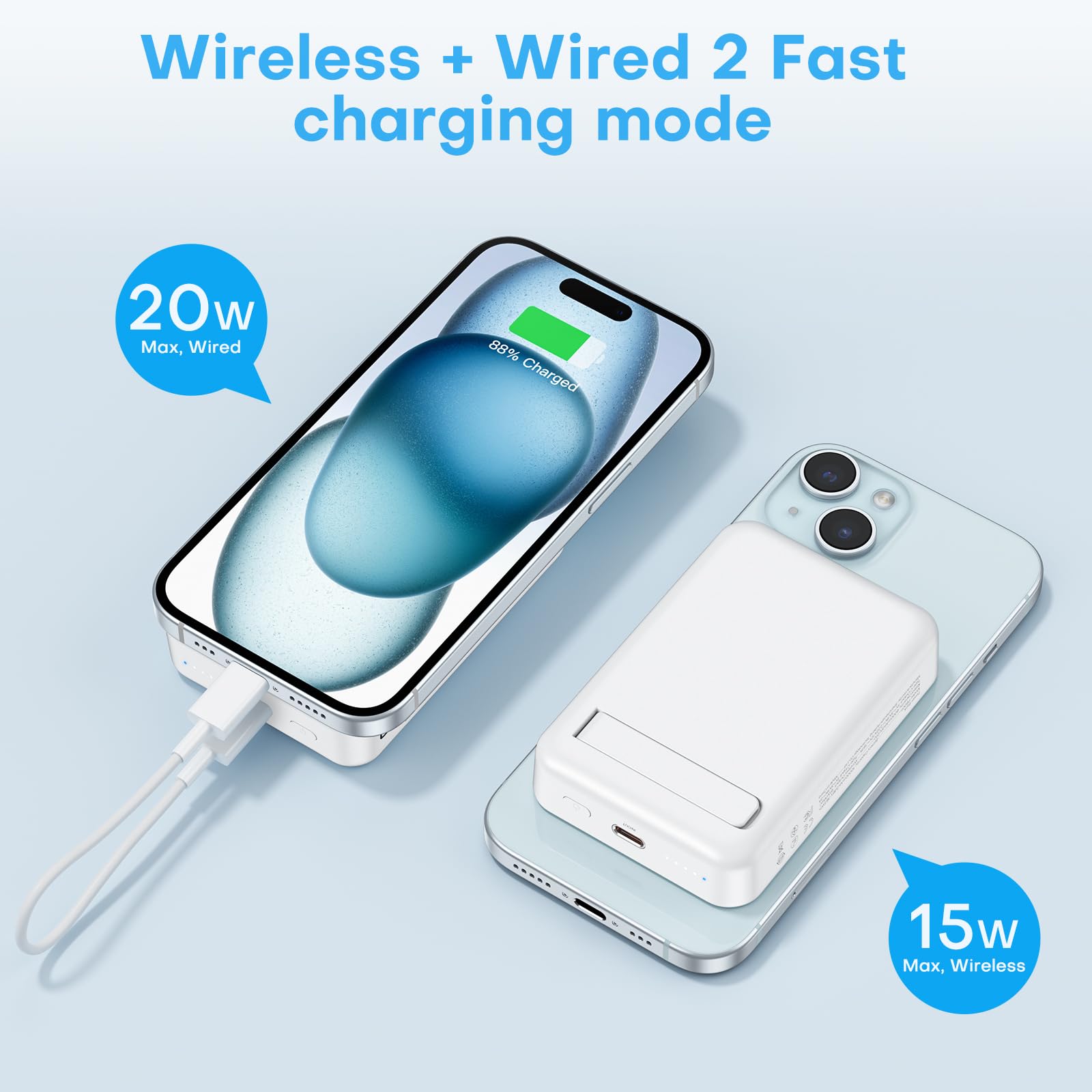 OMOTON 10000mAh Magnetic Wireless Power Bank - Fast Charging Portable Charger for iPhone 15/14/13/12/11 Series with LED Display & Foldable Stand | Perfect for Travel, Work & Outdoor Activities (Gray White)