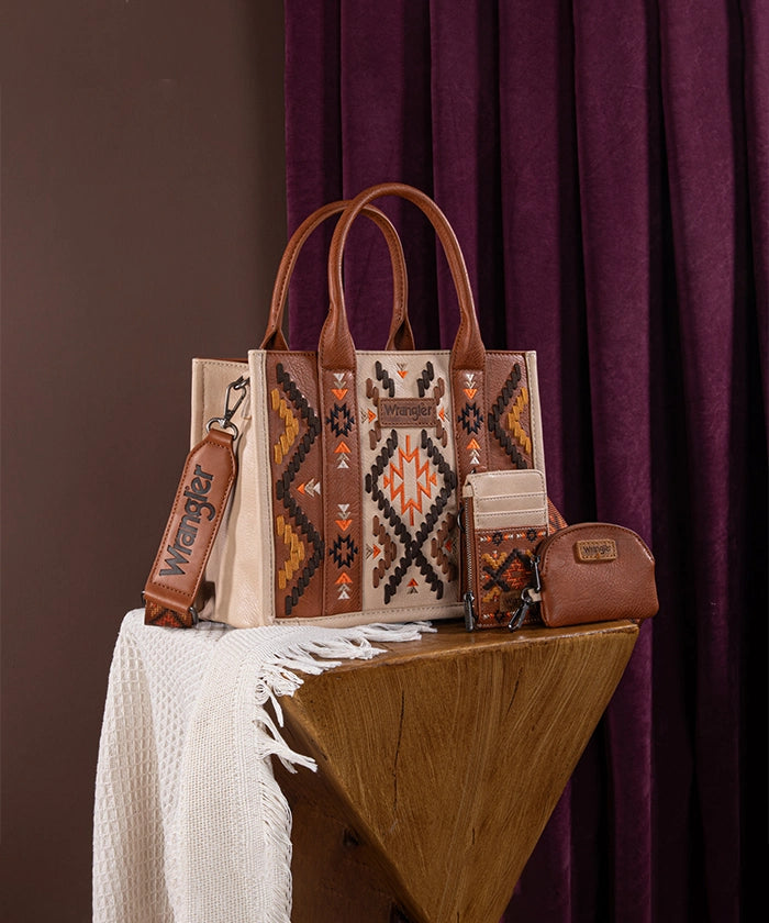Wrangler Aztec Embroidered Whipstitch Tote Bag for Women - Stylish Boho Shoulder Bag for Travel, Beach & Shopping