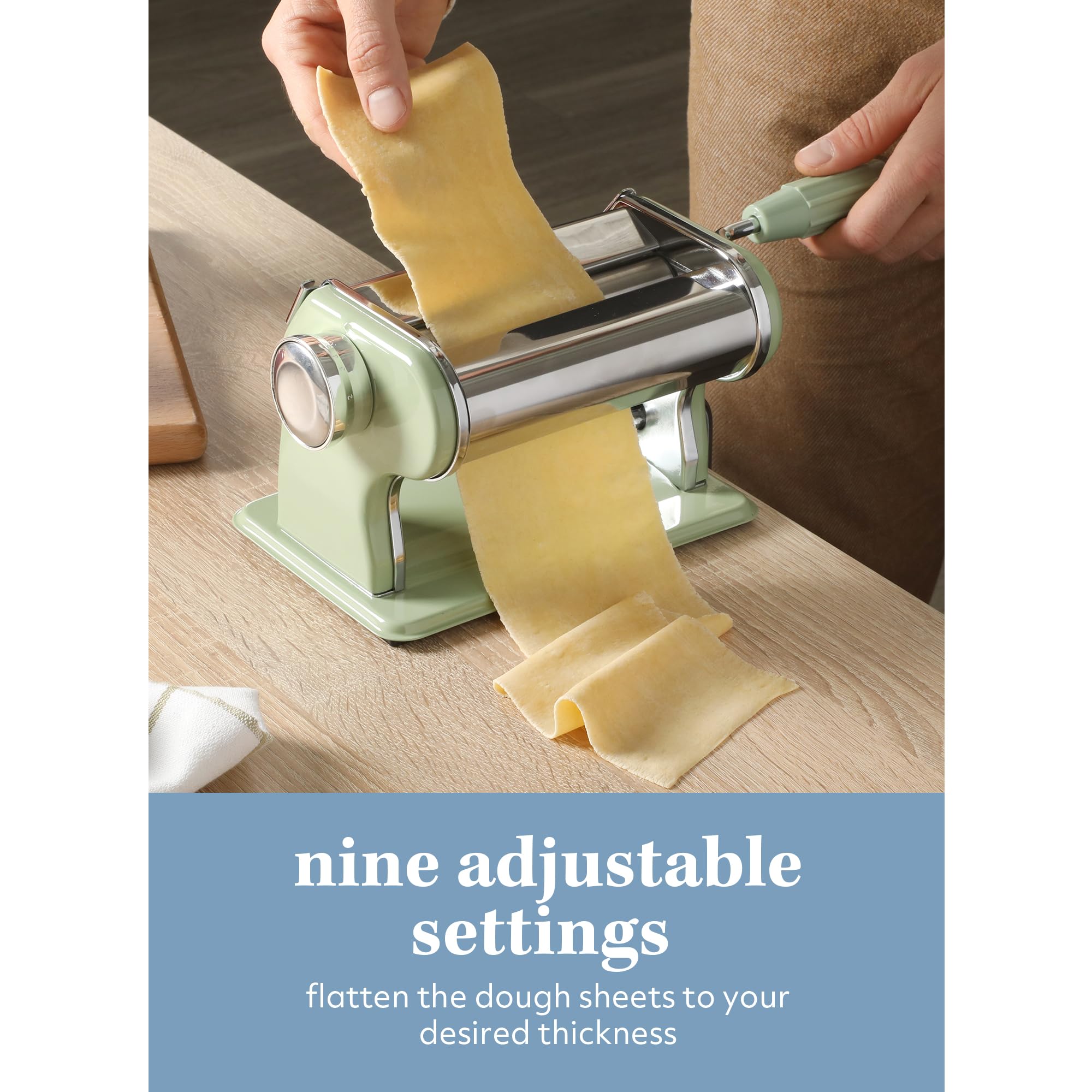 Sur La Table Manual Pasta Maker Machine - Stainless Steel & Juniper Green Noodle Maker with Rollers & Cutters for Spaghetti, Fettuccini, Lasagna & Dumpling Skins | Perfect for Home Cooking, Italian Cuisine & Family Meal Preparation