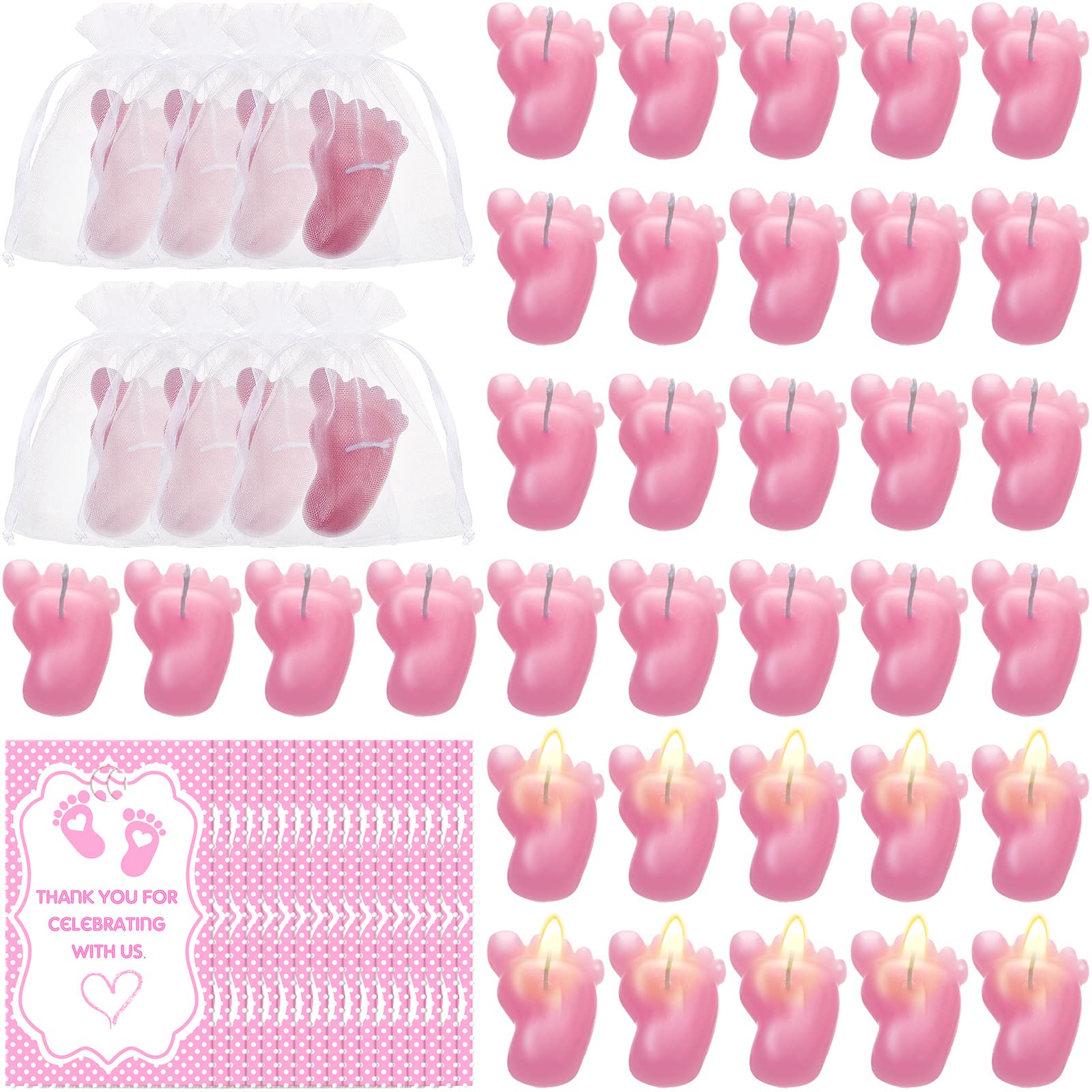 50 Pcs Pink Baby Footprint Candles - Gender Reveal & Baby Shower Favors with Gift Bags & Thank You Cards - Perfect for Newborn Celebrations, Party Decorations & Guest Gifts