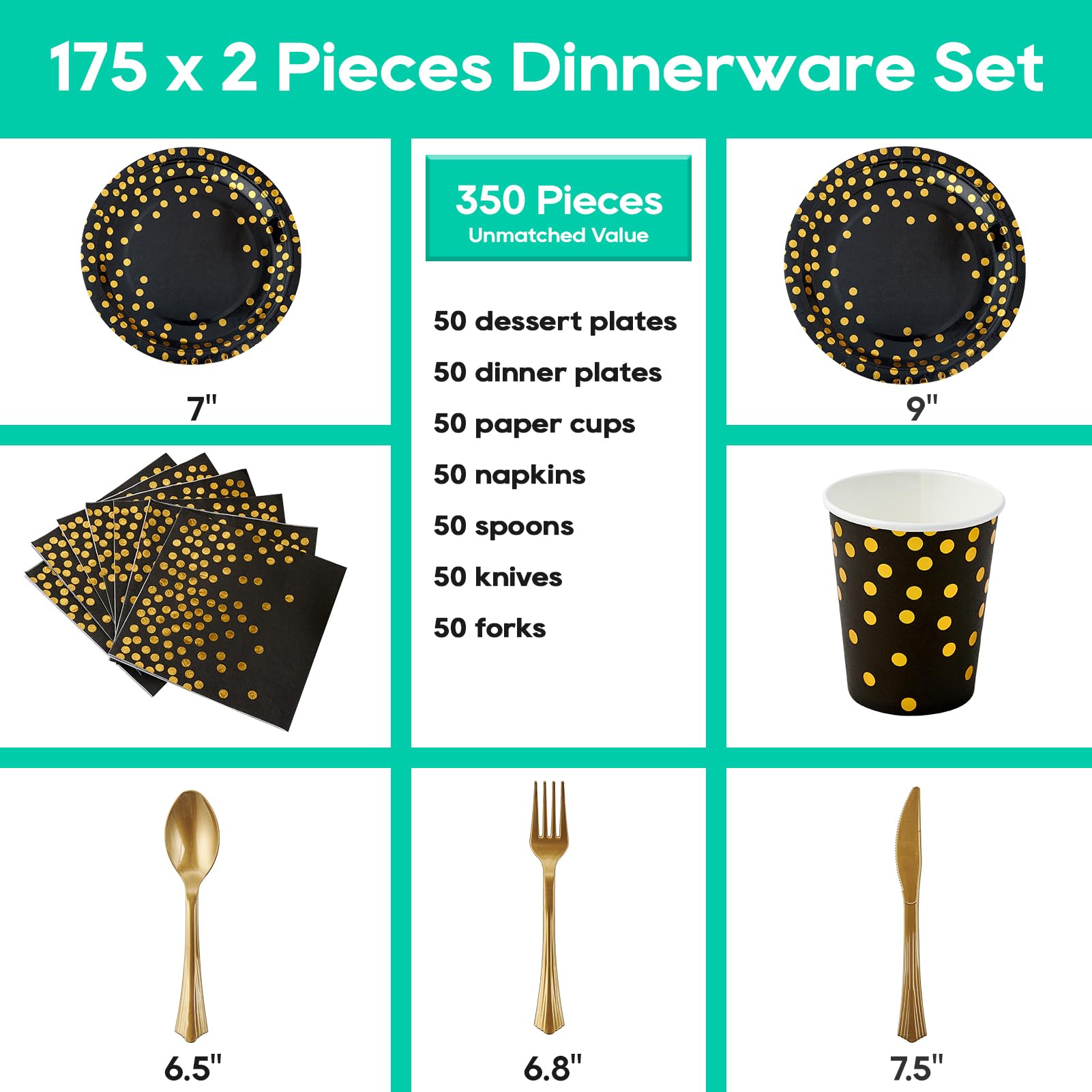 350-Piece Black and Gold Disposable Dinnerware Set - Paper Plates, Napkins, Cups & Gold Plastic Forks, Knives, Spoons - Perfect for Halloween, Graduation, Birthday & Cocktail Party Decorations