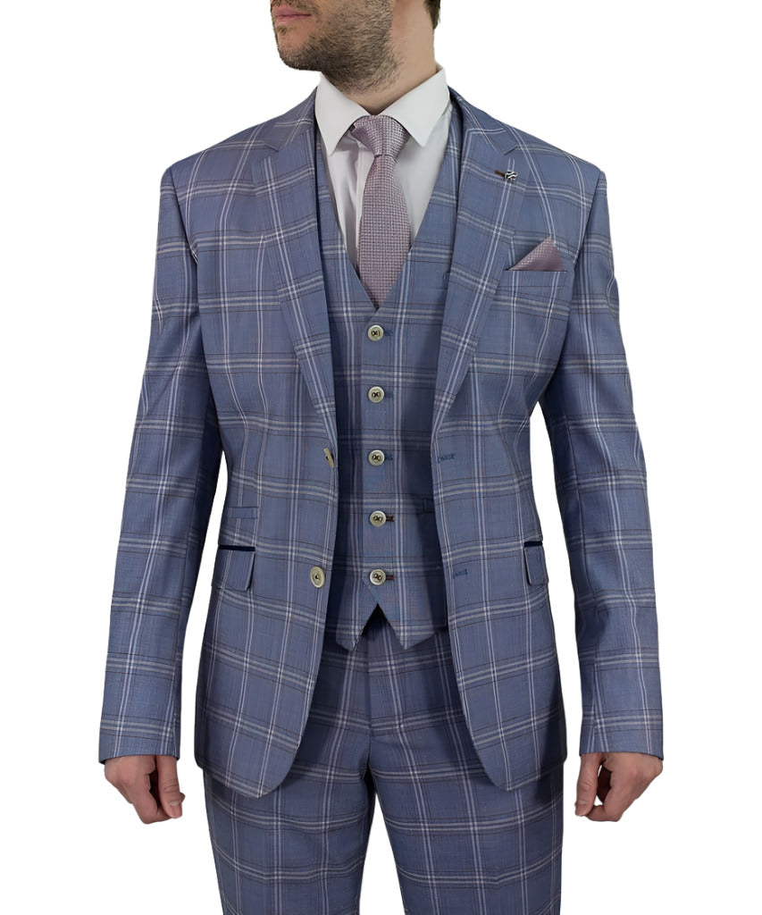 Cavani Galante Men's Blue Check Slim Fit Prom Suit - Formal Wedding, Dinner Party & Special Occasion Outfit