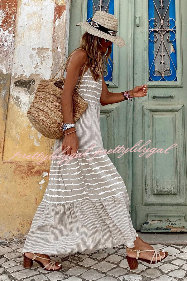 Summer Rise Striped Halter Neck A-Line Maxi Dress for Women | Beach Wedding Party Vacation Outfit | Flowy Long Dress with Side Slit