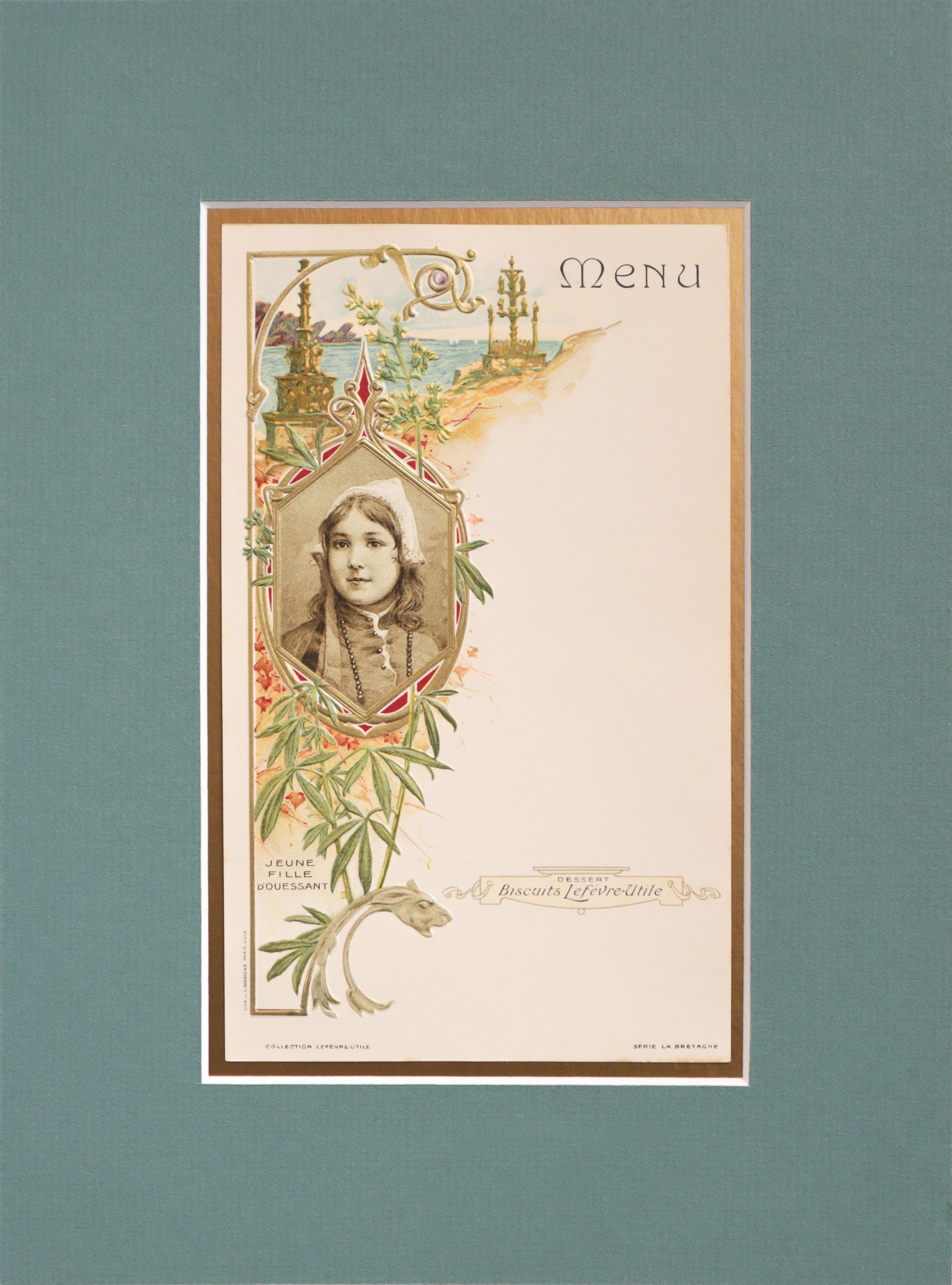 1900 Original French Advertising Menu (Fille Bretonne d'Ouessant) Matted - Vintage Breton Girl Poster - Perfect for Home Decor, Office Wall Art & French Culture Collectors
