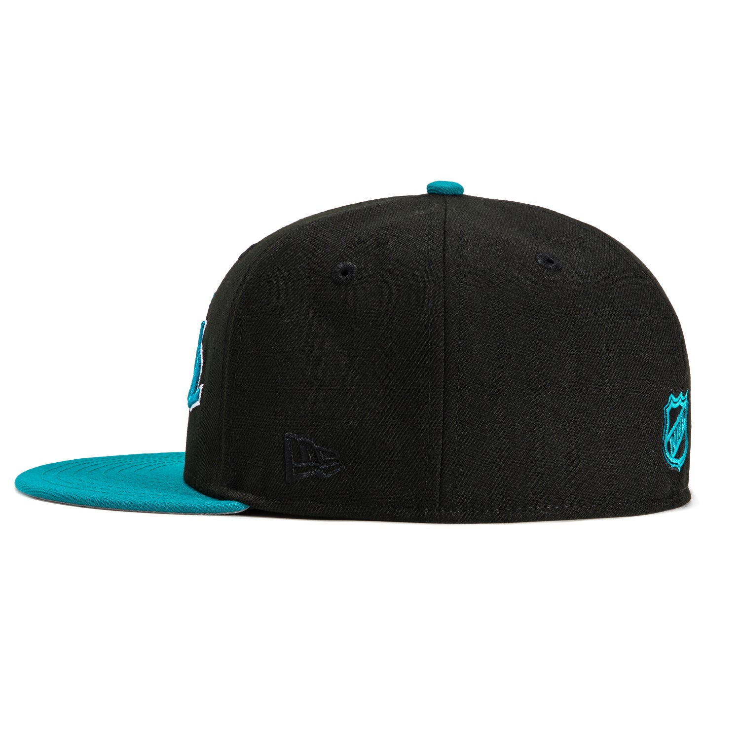New Era 59Fifty San Jose Sharks Logo Patch Script Hat - Black & Teal Adjustable Baseball Cap for Men & Women - Perfect for Sports Games, Streetwear & Casual Outfits