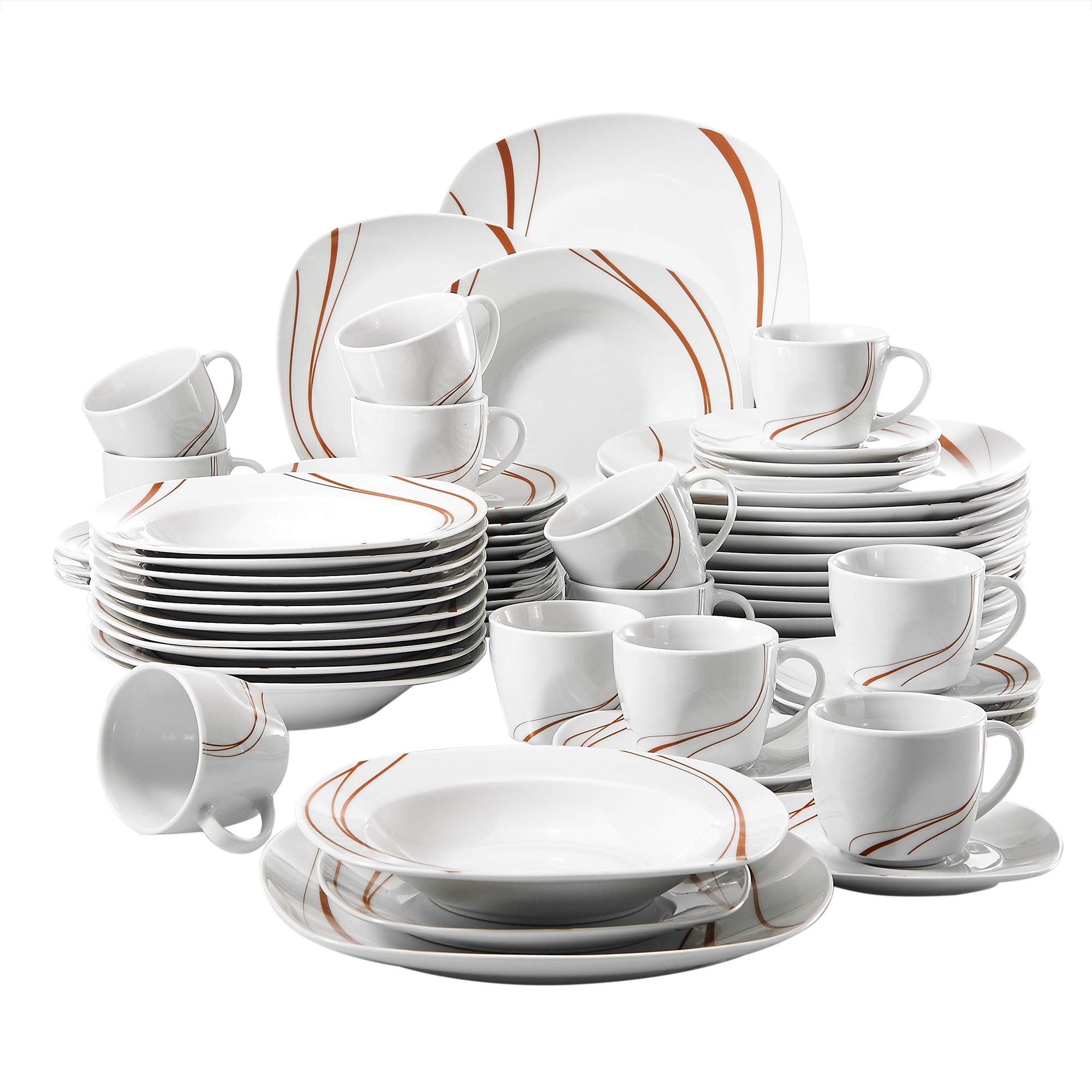 VEWEET Bonnie 60-Piece Ivory White Porcelain Dinnerware Set with Brown Lines - Includes Dinner Plates, Soup Plates, Dessert Plates, Cups & Saucers - Service for 12 - Perfect for Formal Dining, Holiday Gatherings & Restaurant Use
