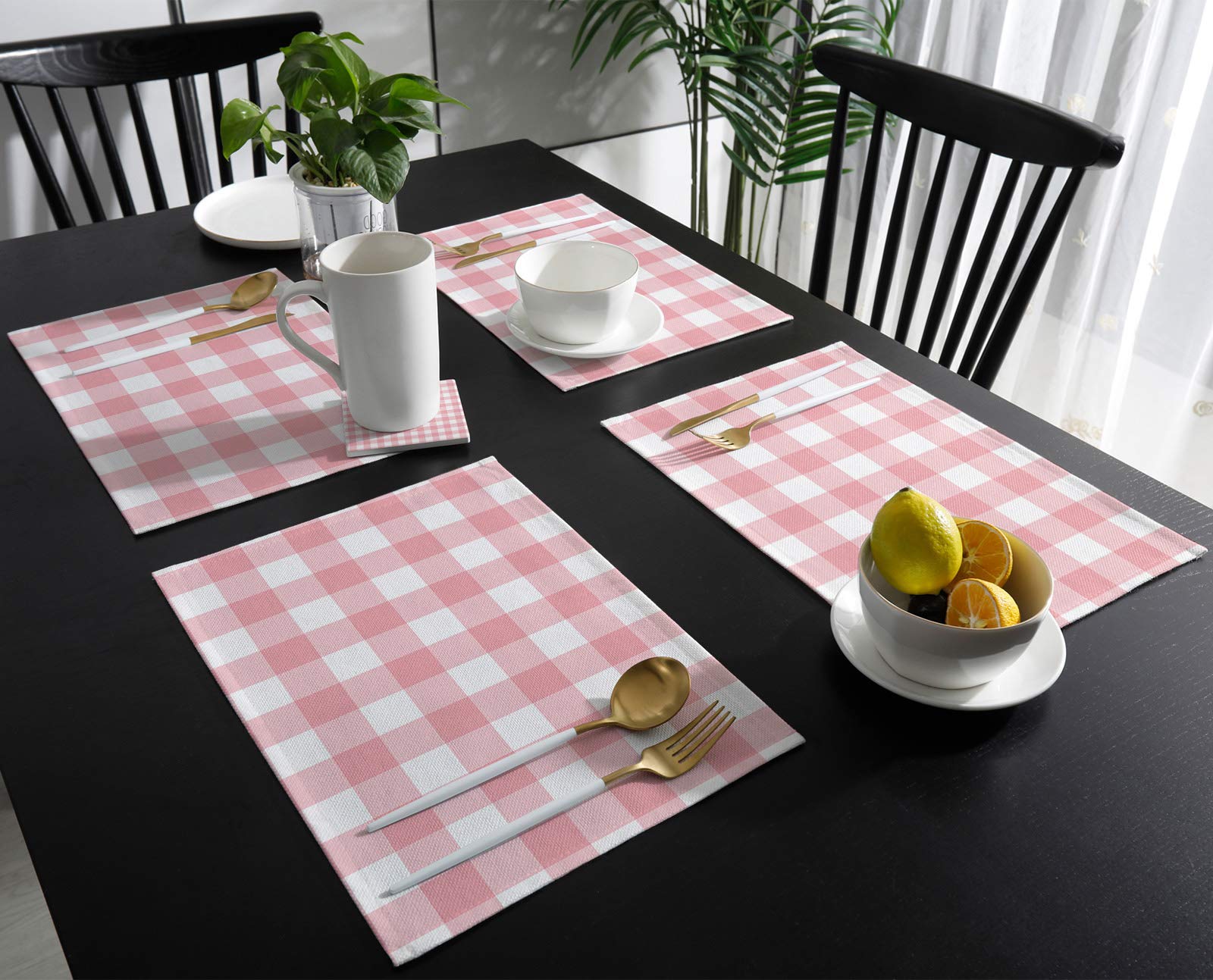 6-Pack Pink and White Buffalo Plaid Placemats - Heat Resistant, Stain Proof & Non-Slip Kitchen Table Mats - Washable Polyester Dining Placemats for Holiday Dinners, Family Gatherings & Everyday Use