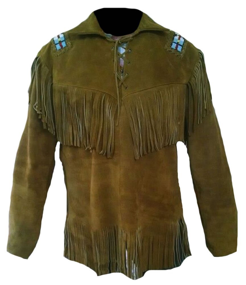 Classyak Men's Western Cowboy Fringed Beaded Brown Suede Shirt - Vintage Style Rodeo Shirt for Country Music Festivals & Western Themed Parties