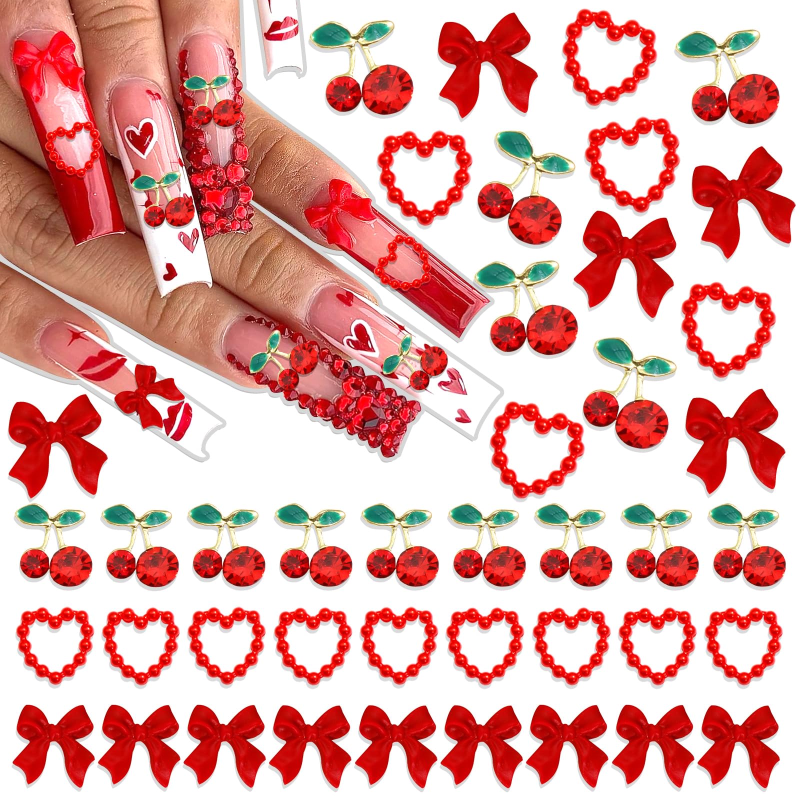 BELICEY 120Pcs Red Acrylic Bow & Heart Flatback Nail Charms - Alloy Cherry Nail Decorations with Rhinestones for DIY Manicure & Nail Art - Perfect for Women's Nail Design, Party Nails, and Professional Salon Use