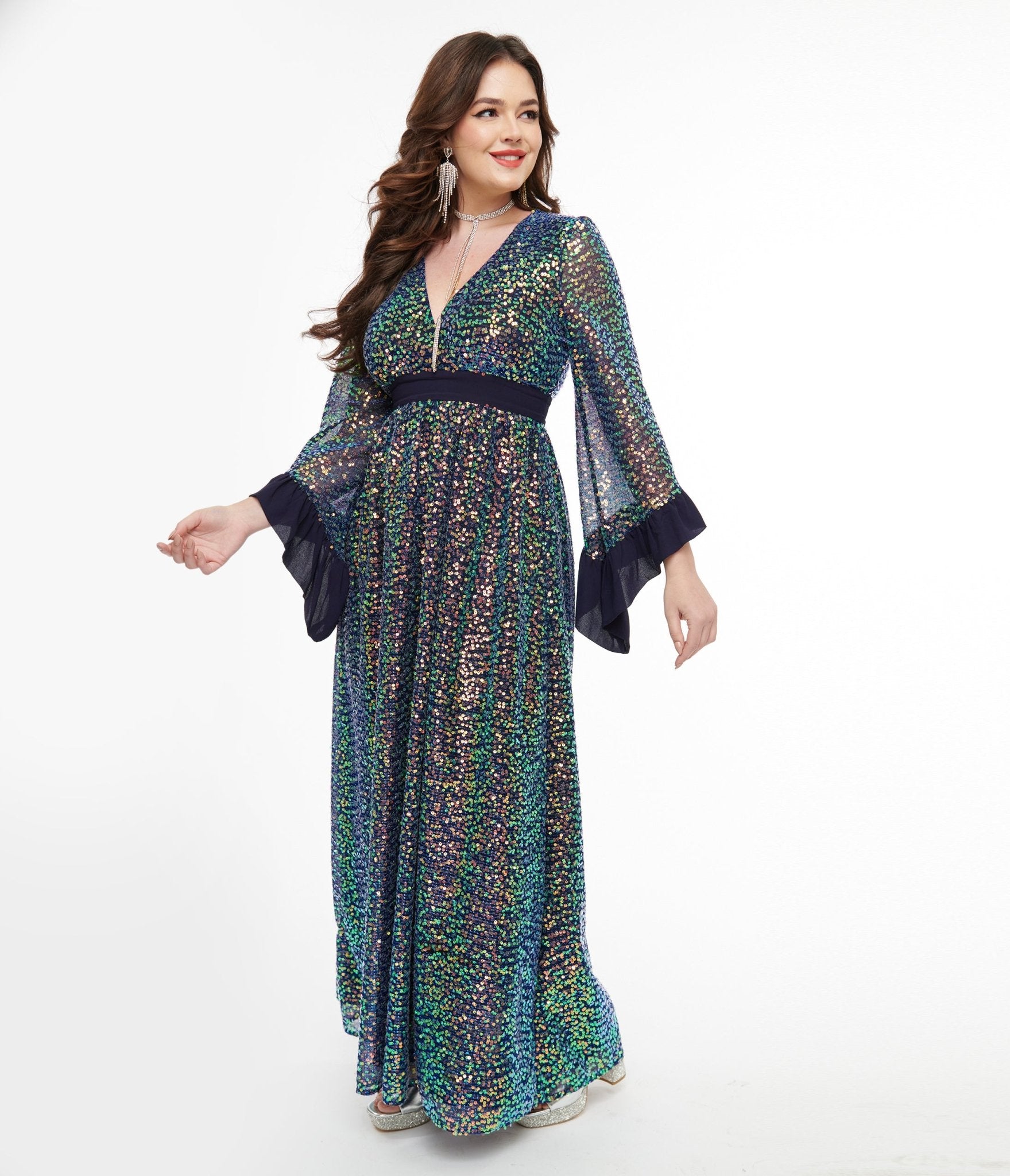 Vintage 1970s Navy Blue Glitter Sequin Maxi Dress - Retro Party Gown for Women, Evening Formal Wear & Special Occasions