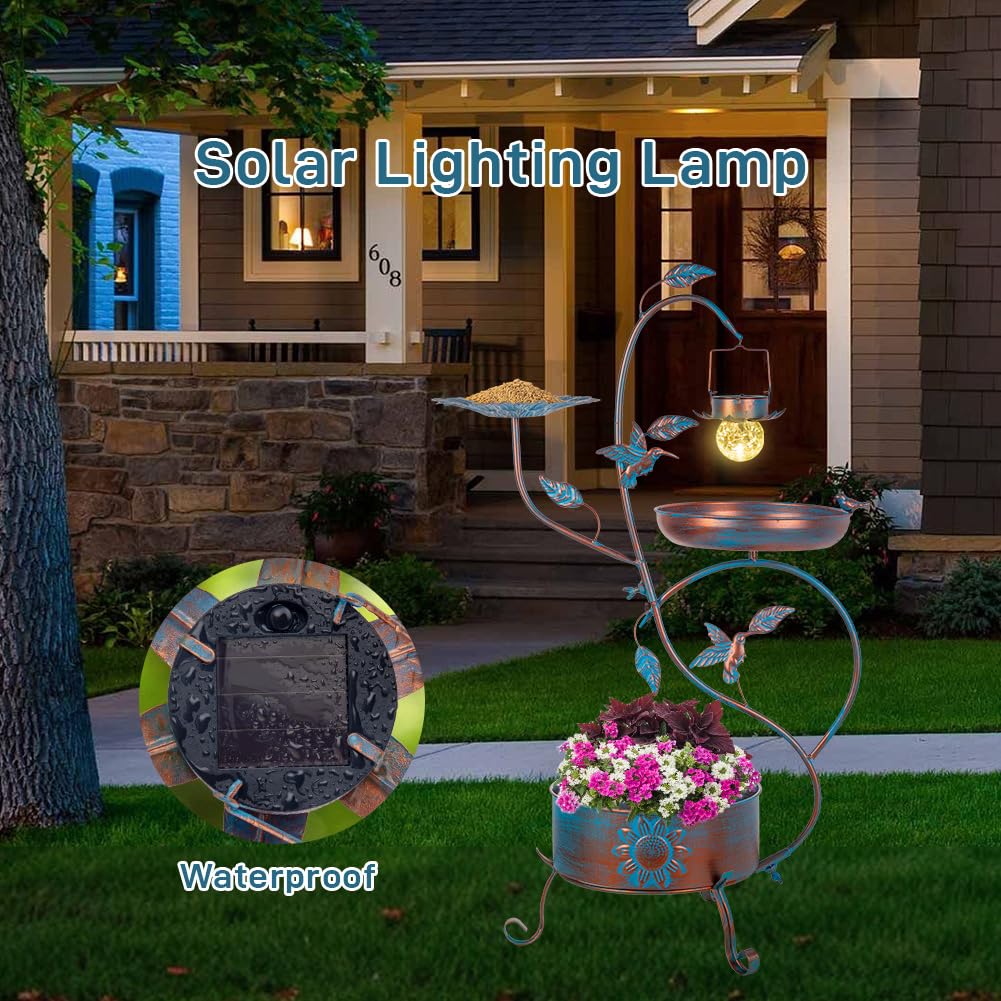 Dreamysoul Outdoor Metal Bird Bath with Planter & Feeder - Solar-Powered Garden Birdbath for Bluebirds | Perfect for Backyard Decor & Wildlife Attraction