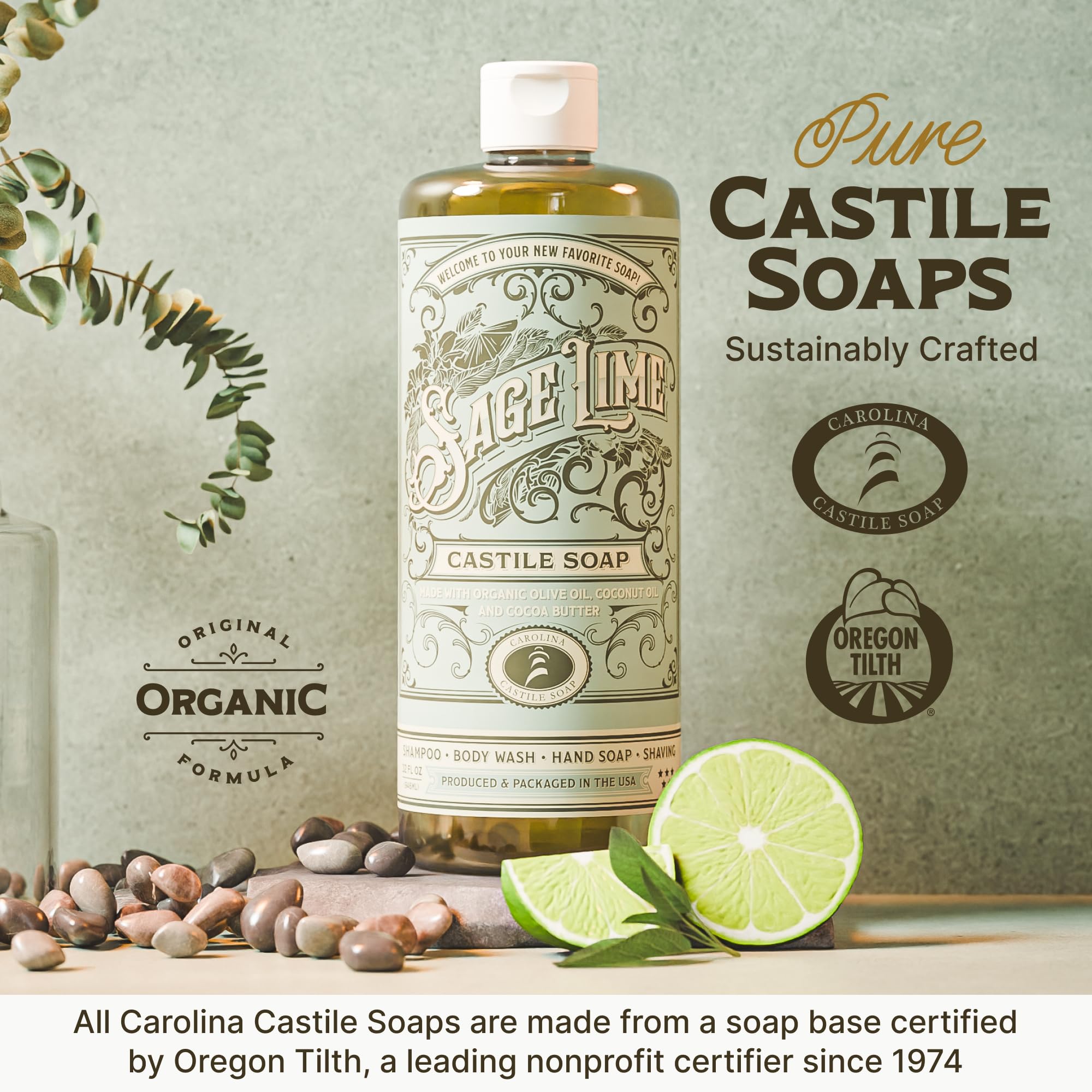 Organic Carolina Sage Lime Bulk Castile Liquid Soap - EWG Verified 5 Gallon Body Wash with High Olive Oil Content - Perfect for Home, Spa, and Eco-Friendly Cleaning