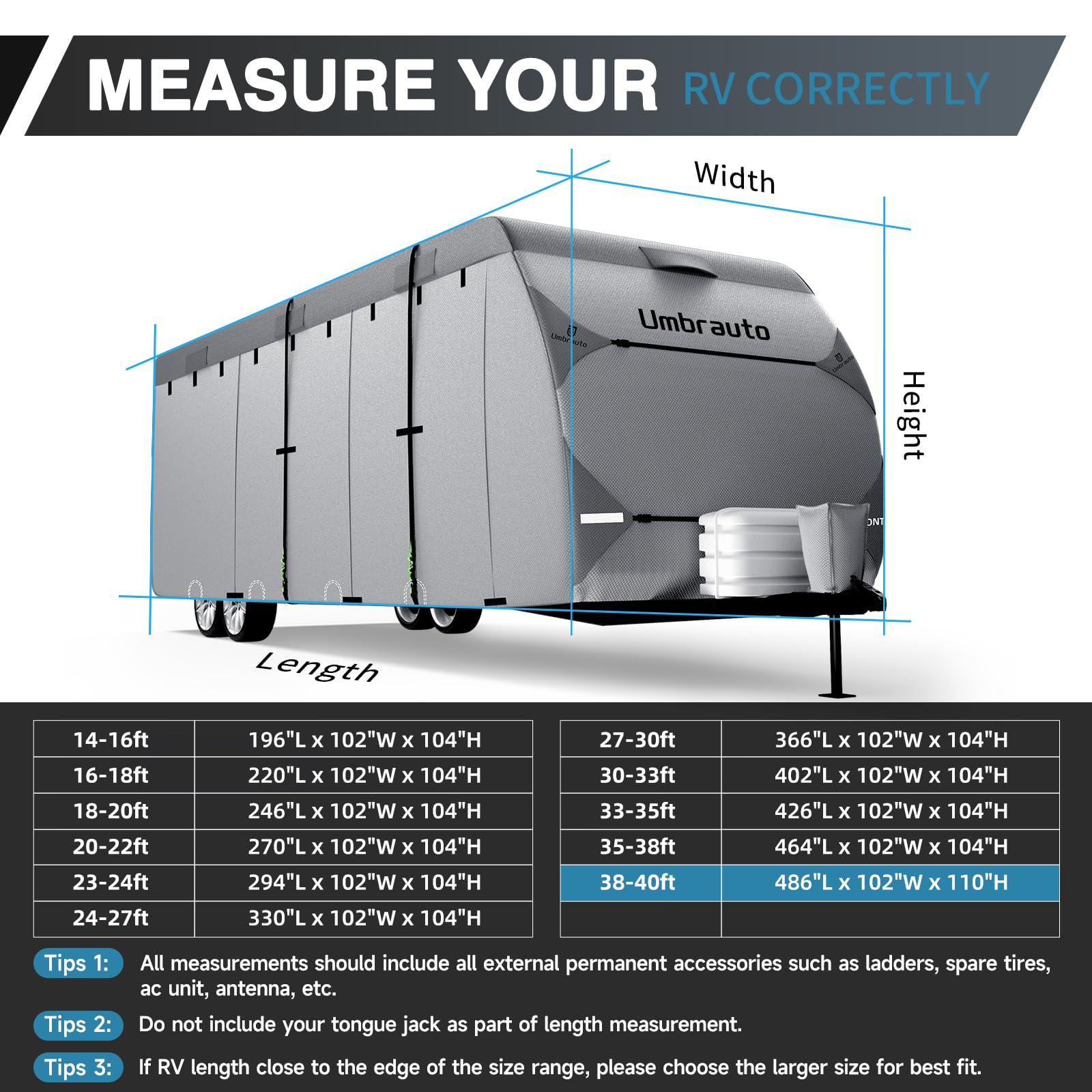 Umbrauto RV Cover 18-20ft - 7 Layer Waterproof Travel Trailer & Camper Cover with Windproof Ropes | Fits Toy Haulers with Tongue Jack Protection | Perfect for Outdoor Storage & Winter Protection