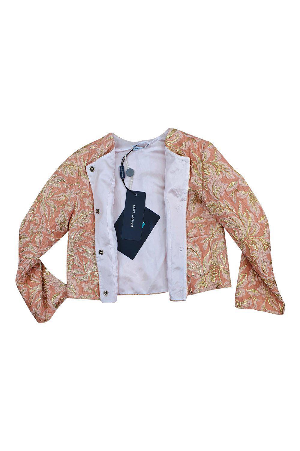 DOLCE & GABBANA Girls' Coral & Gold Brocade Button Front Jacket - Size 5 | Elegant Kids' Formal Wear for Weddings, Parties & Special Occasions