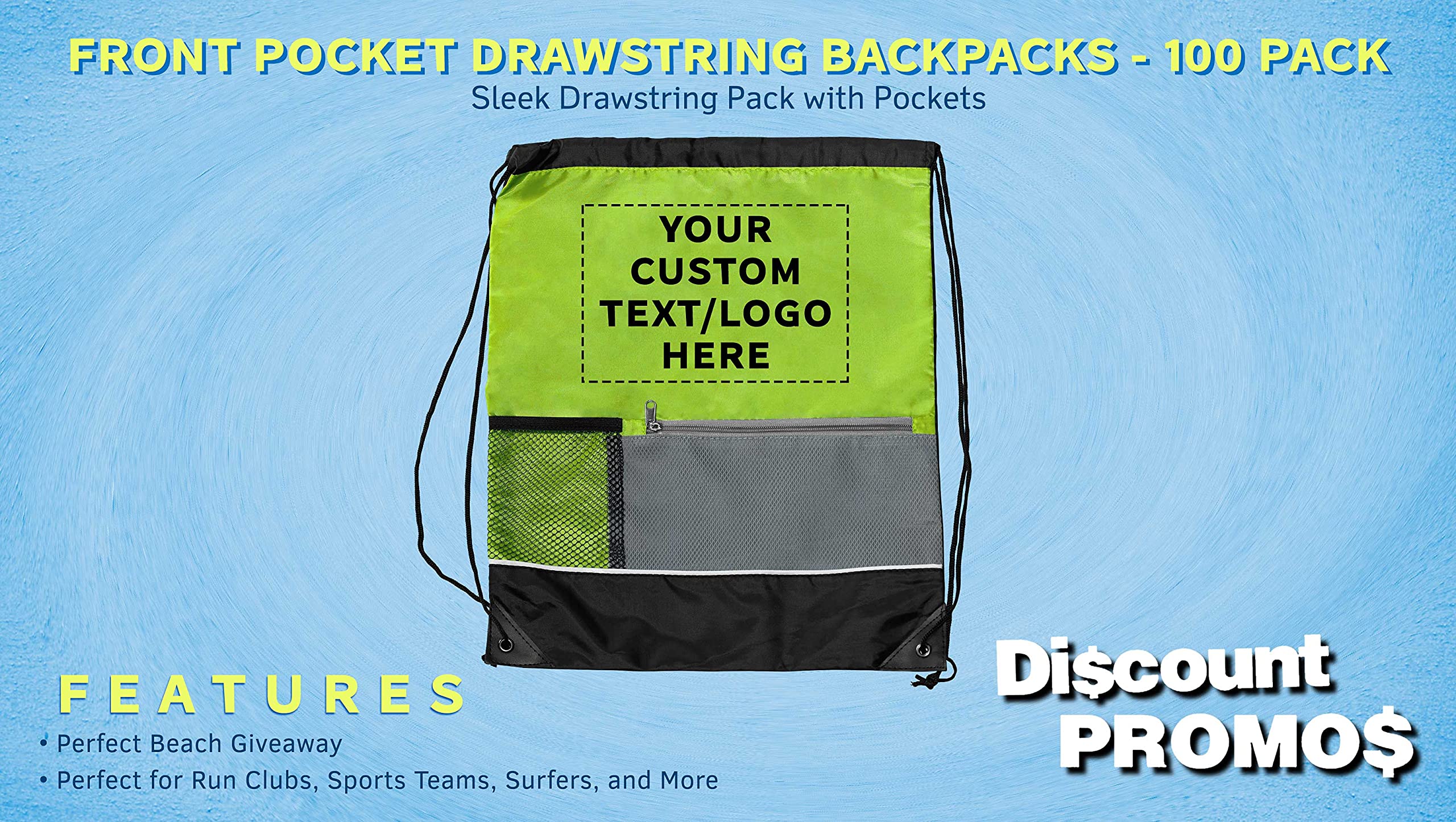 Custom Front Pocket Drawstring Backpacks - Bulk Set of 100 Personalized Reusable Bags | Lightweight Sports & Promotional Backpacks in Lime Green | Perfect for School, Gym, Travel & Events