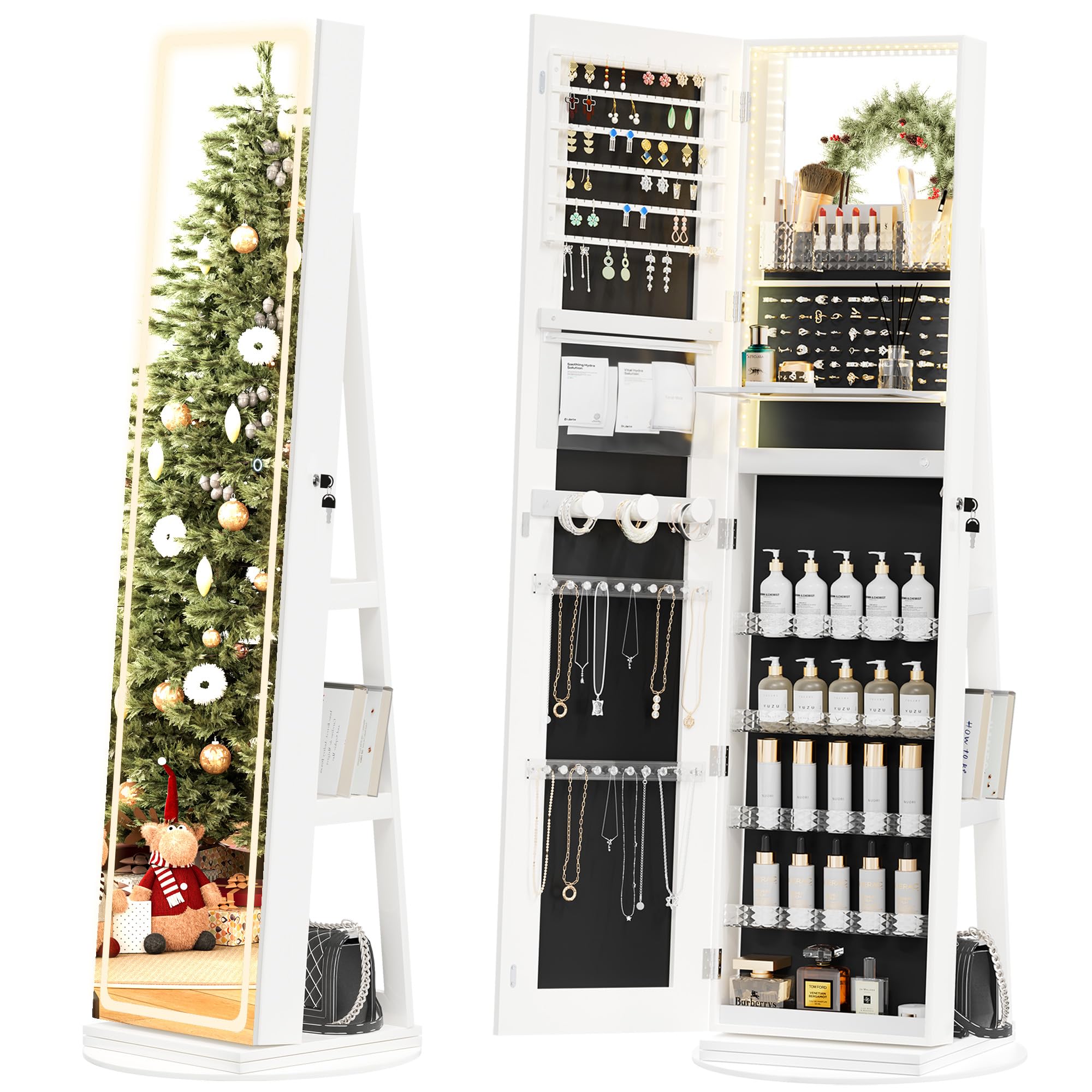 NUNU LAB LED Mirror Jewelry Cabinet Standing - Full Length Adjustable LED Lighted Jewelry Armoire with 360° Swivel, Lockable Storage Organizer (White) | Perfect for Bedroom Vanity, Dressing Room & Closet Organization