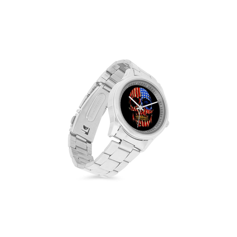 Patriotic Men's Stainless Steel Watch with American Flag & Skull Design - Rugged Military Style Wristwatch for Outdoor, Casual Wear & Gift Giving