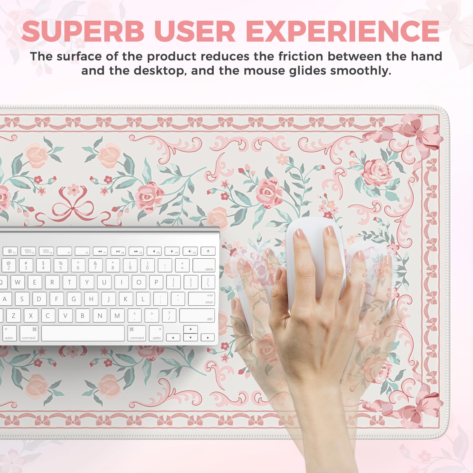 iCasso Pink Large Non-Slip Desk Mat with Stitched Edges - Cute Bow Mouse Pad for Women, Home Office, Study & Gaming - Soft Computer Desk Pad for Laptop, Keyboard & Workspace Organization