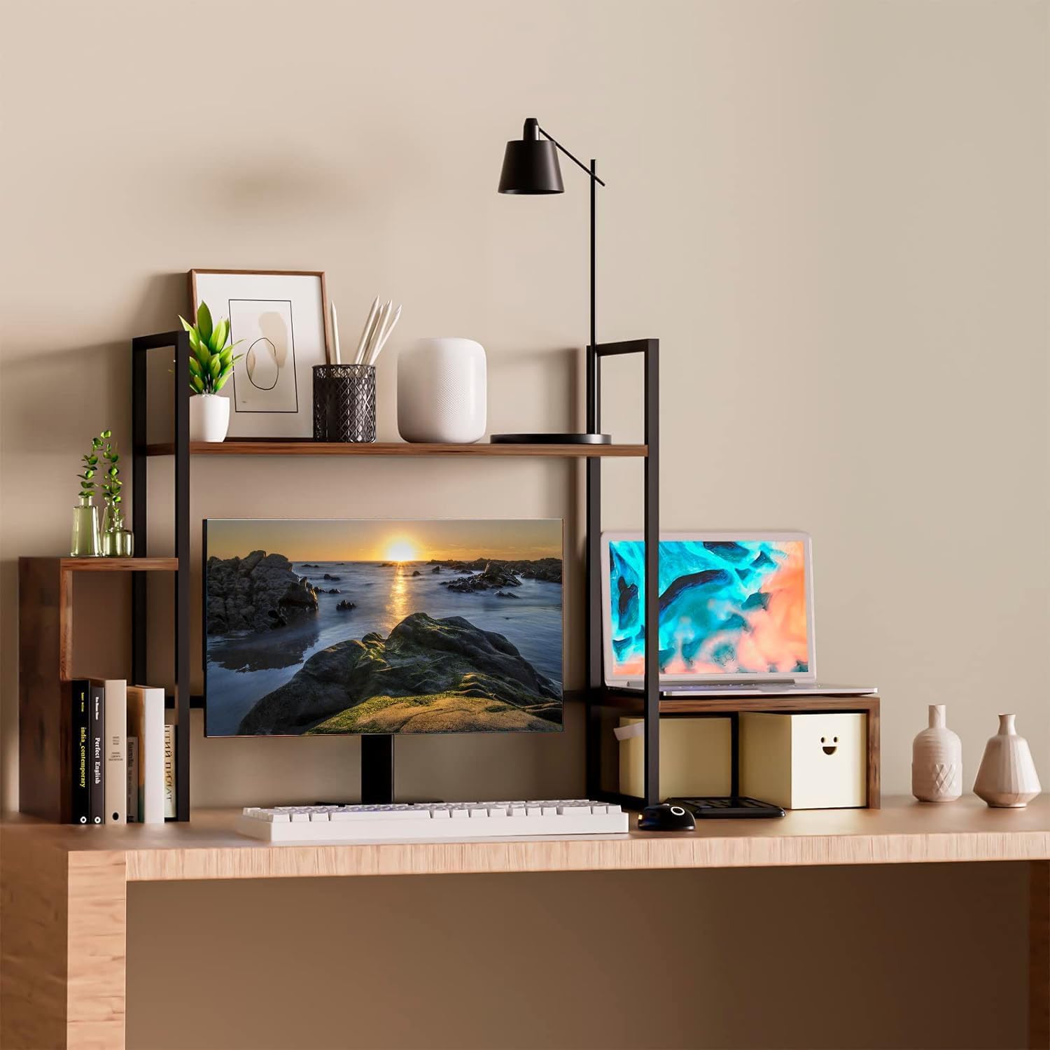 Wood Desk Shelf with RGB Lights - 2 Tier Organizer for 28