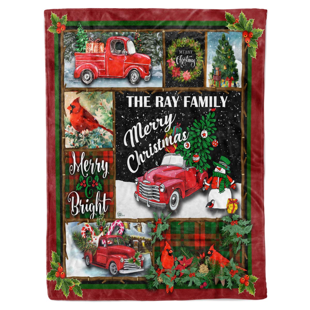 Custom Family Name Red Vintage Pickup Truck Christmas Sherpa Fleece Blanket - Soft Plaid Bed Throw & Wall Hanging for Holiday Decor, Cozy Gift