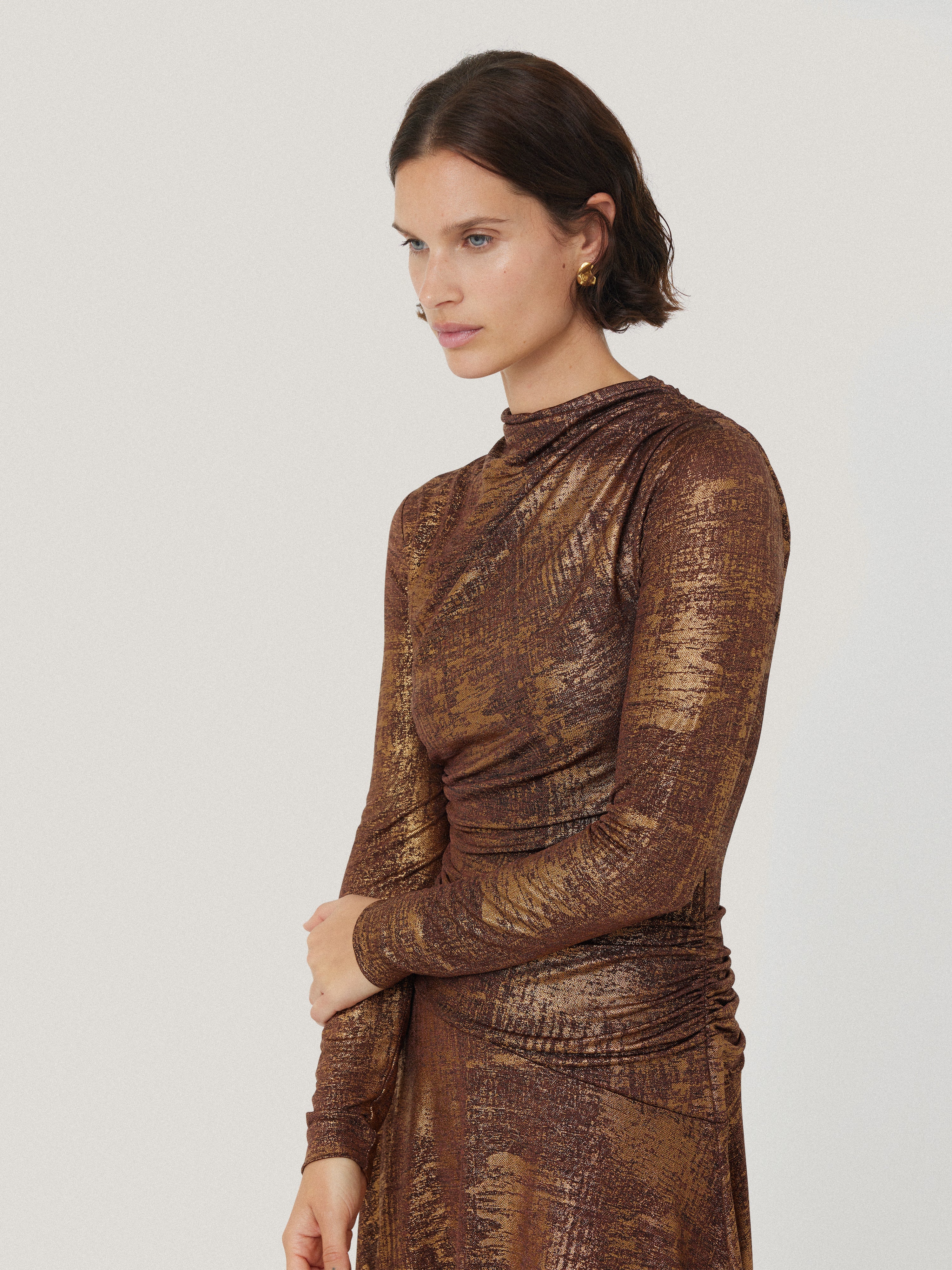 Elegant Brushed Bronze Draped Dress for Women - Perfect for Evening Parties, Weddings & Special Occasions