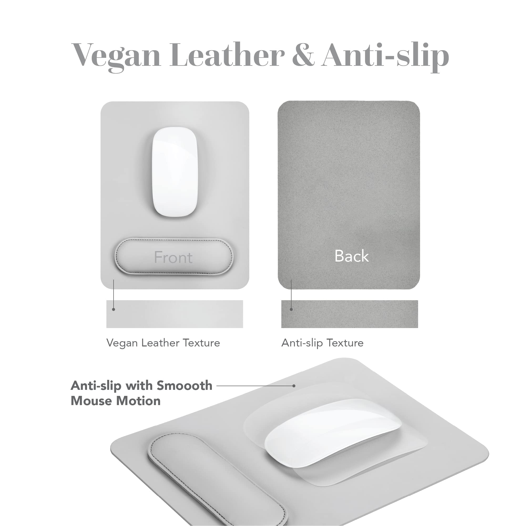 Vegan Leather Silver Gray Mouse Pad with Removable Magnetic Wrist Support & Anti-Slip Base - Ergonomic Desk Accessory for Office & Gaming - Perfect for Men & Women Working Long Hours at Computer