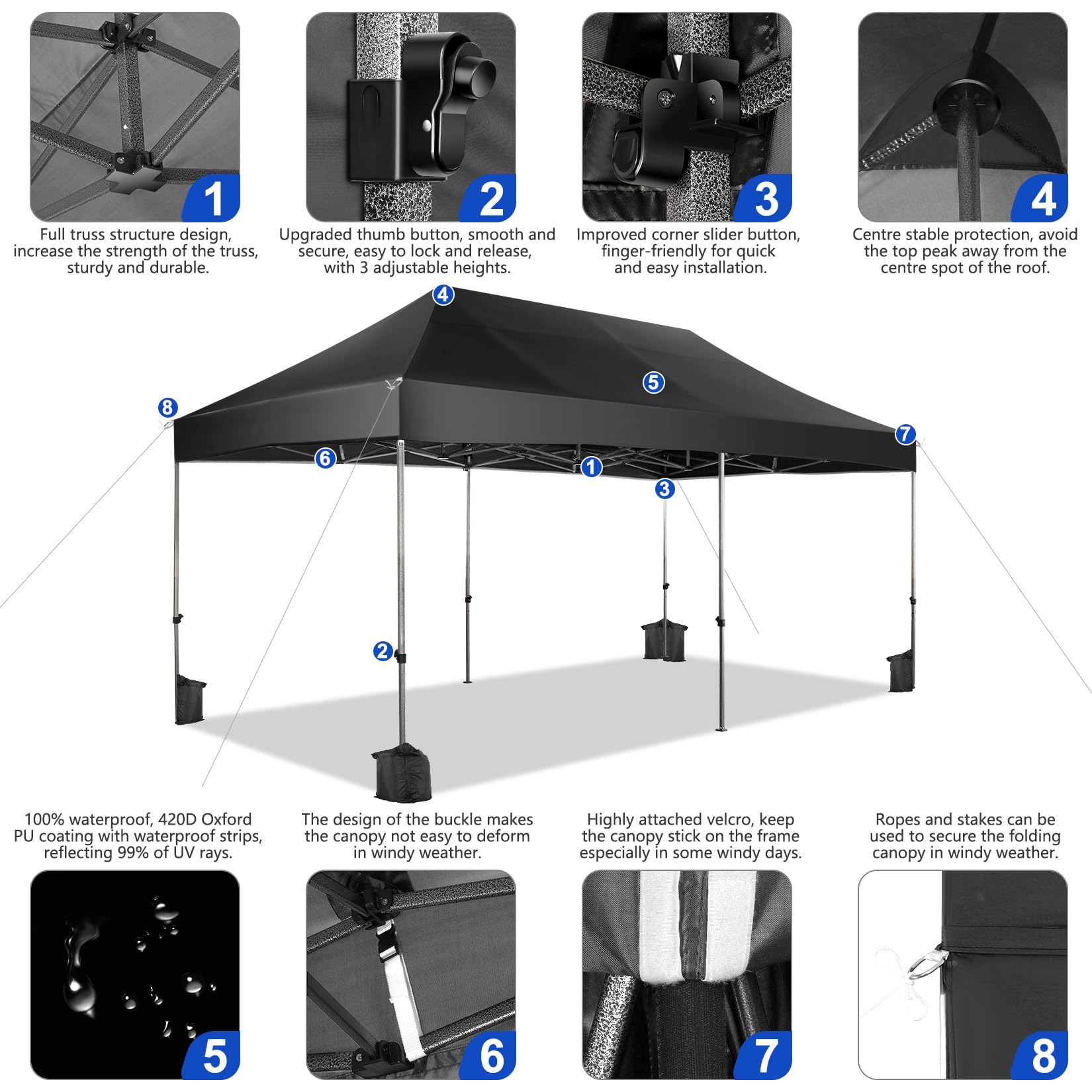 COBIZI 10x20 Heavy Duty Pop Up Canopy Tent with 6 Sidewalls - UPF 50+ Waterproof All-Weather Commercial Gazebo for Outdoor Weddings, Parties & Events - Includes Roller Carry Bag (Black)