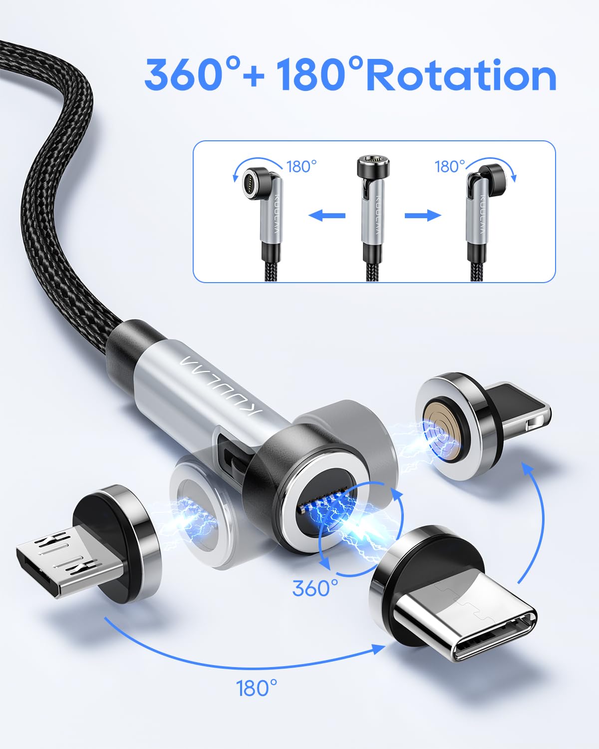Kuulaa 6-in-1 Magnetic Charging Cable 1M - Fast Charging USB C/Micro USB/i-Product Compatible - 540° Rotating & Nylon Braided for Smartphones, Tablets, Laptops - Perfect for Home, Office & Travel Charging