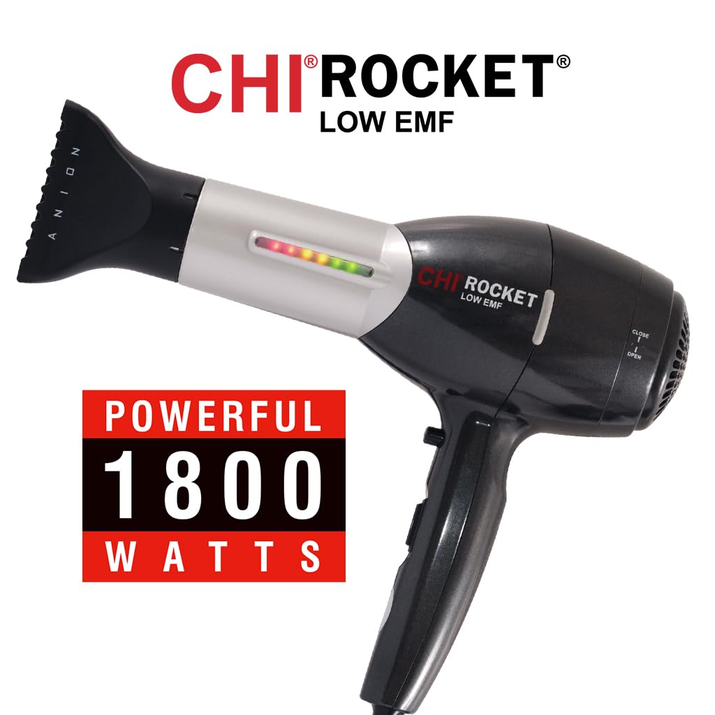 CHI Rocket Hair Dryer with Comb & Nozzle - Fast Drying, Frizz-Free Shiny Hair - Lightweight, Low EMF Hair Dryer for Salon & Home Use - Perfect for Travel, Styling & Daily Hair Care