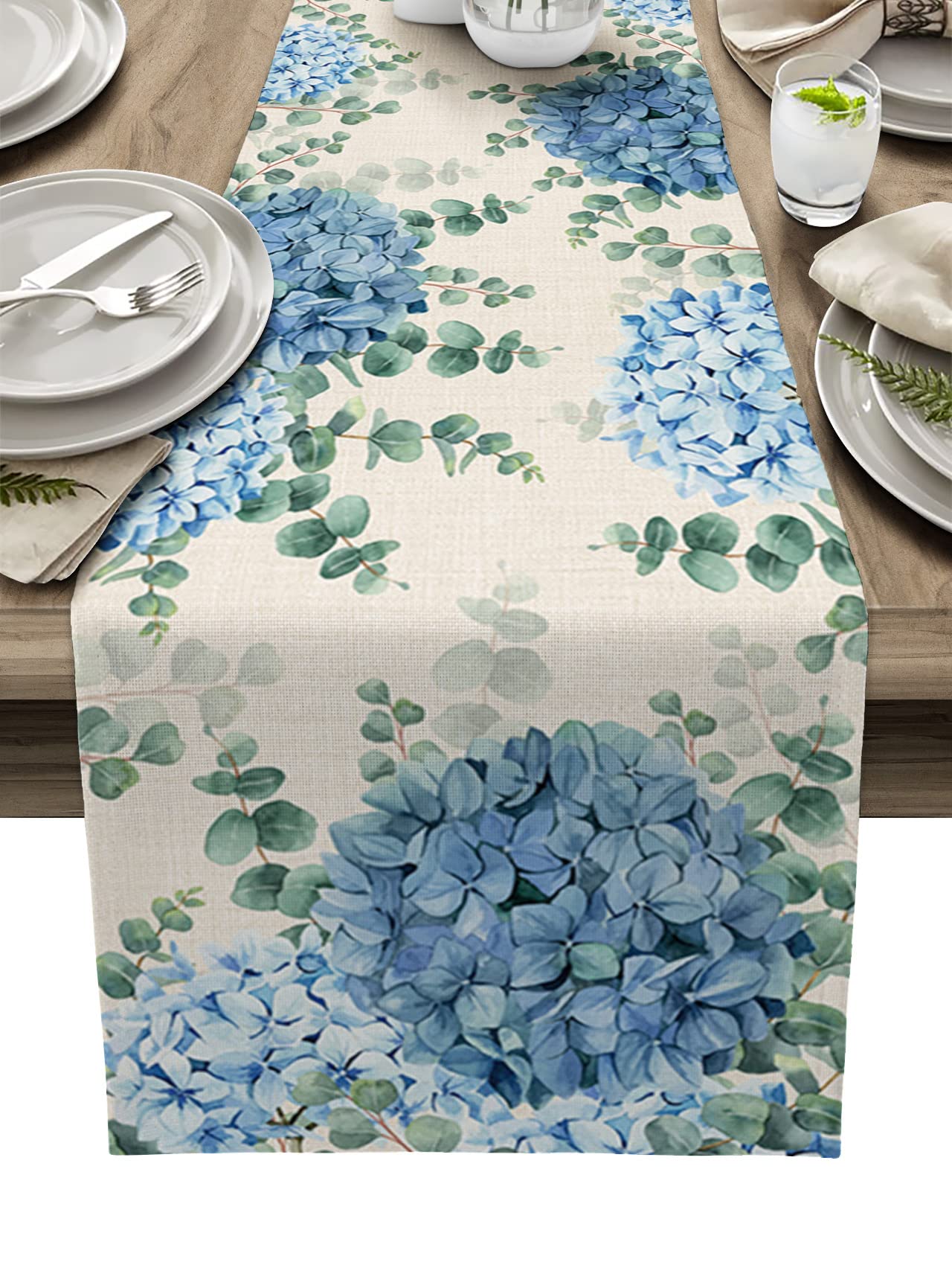 Vintage Green Blue Eucalyptus Leaves Cotton Linen Table Runner - 36 Inch Farmhouse Table Decor for Dining Room, Kitchen & Bedroom Dresser | Rustic Home Decor & Dinner Party Table Setting