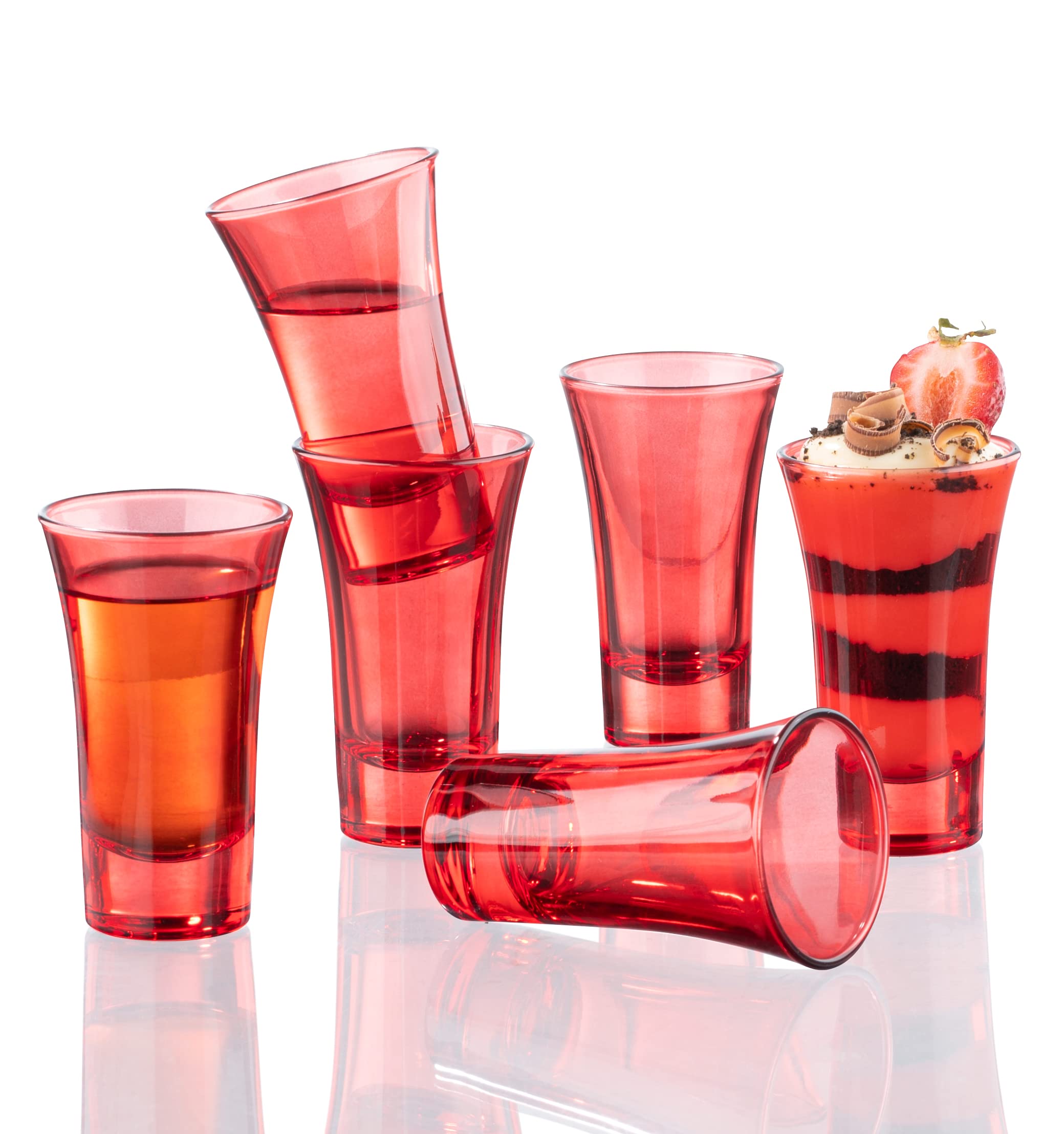 M&N HOME 2 Oz Red Shot Glasses Set of 6 - Heavy Base Colored Glass Shot Cups for Tequila, Vodka & Liquor - Perfect for Christmas Parties, Barware & Home Entertaining